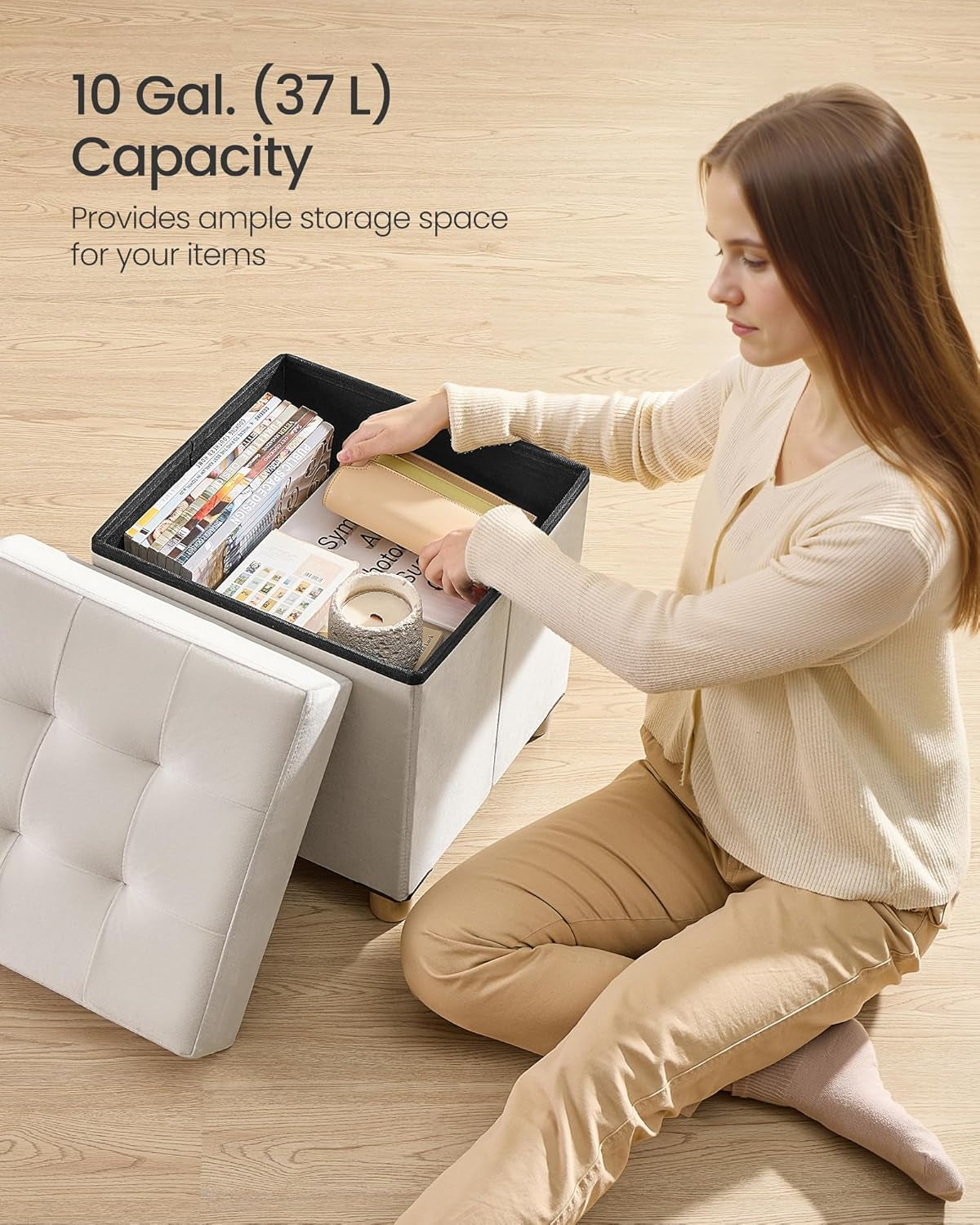 Small Storage Ottoman, Folding Ottoman Cube, 15 X 15 X 15.7 Inches, Footstool, Footrest, 10 Gal. (37 L), Velvet Surface, for Bedroom, Living Room, Dorm, Cappuccino Beige ULSF0516W02