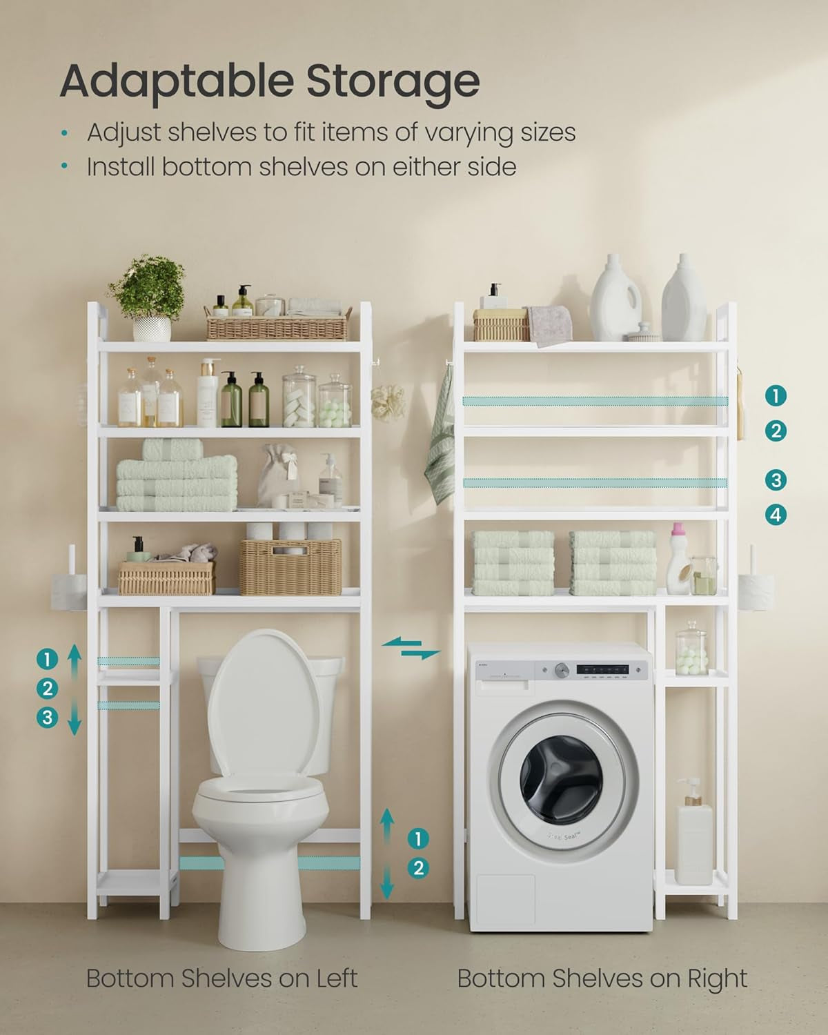 over the Toilet Storage, 4-Tier over Toilet Bathroom Organizer with Adjustable Shelves, 26 X 83 X 185 Cm, Space-Saving, Cloud White UBTS017W01