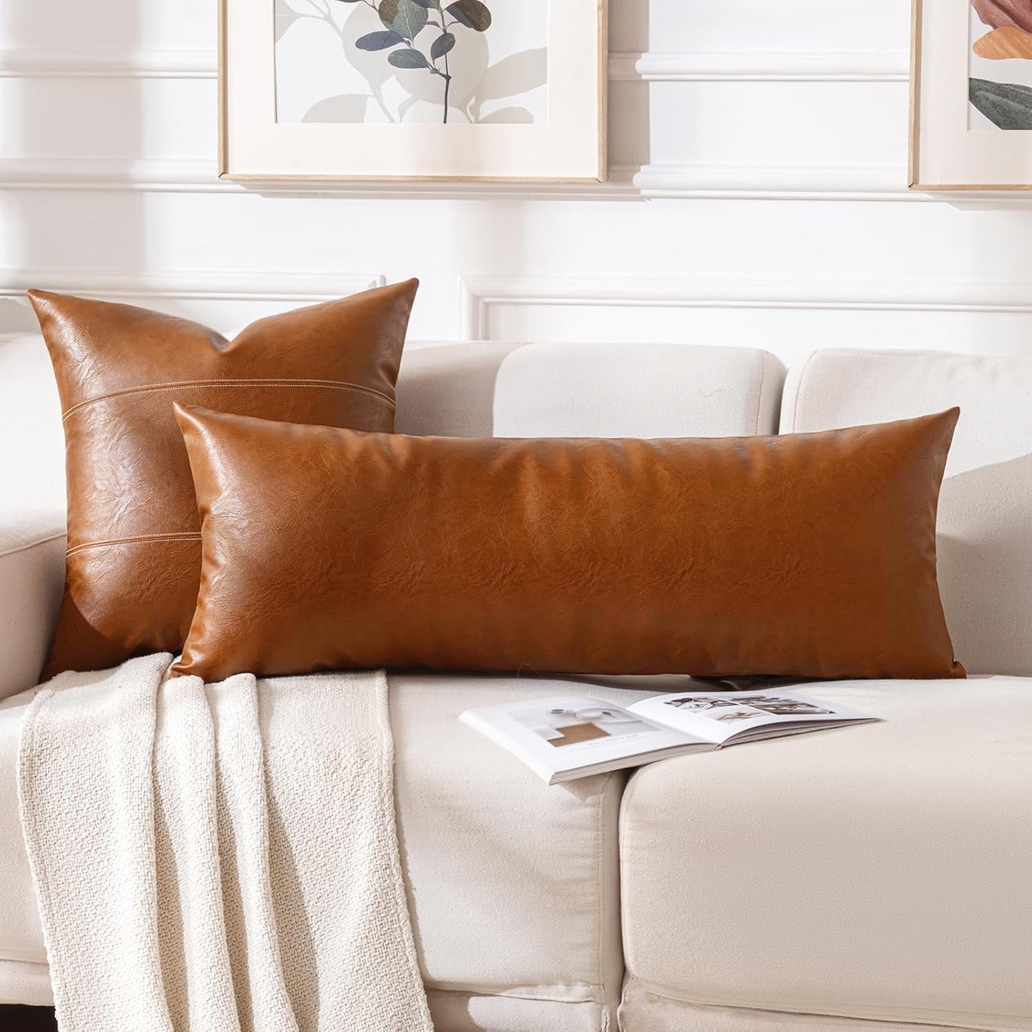 Brown Boho Long Lumbar Faux Leather Body Decorative Throw Pillow Cover 14X36 Inch for Bedroom Couch Bed Bench, Thick Stylish Solid Rectangle Pillowcase, Rustic Modern Farmhouse Room Decor