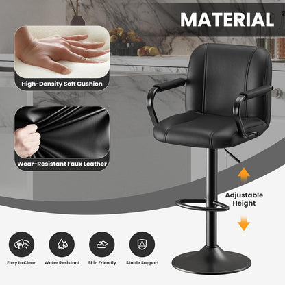 Set of 2 Modern Bar Stools with Backs - Adjustable High Chairs for Kitchen Island, Barstools for Home Bar, Island Stools, Sillas Altas Para Barra De Cocina, Black PU Leather
