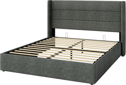 Queen Size Lift up Storage Bed, Modern Wingback Headboard, Hydraulic Support, No Box Spring Needed, Dark Grey