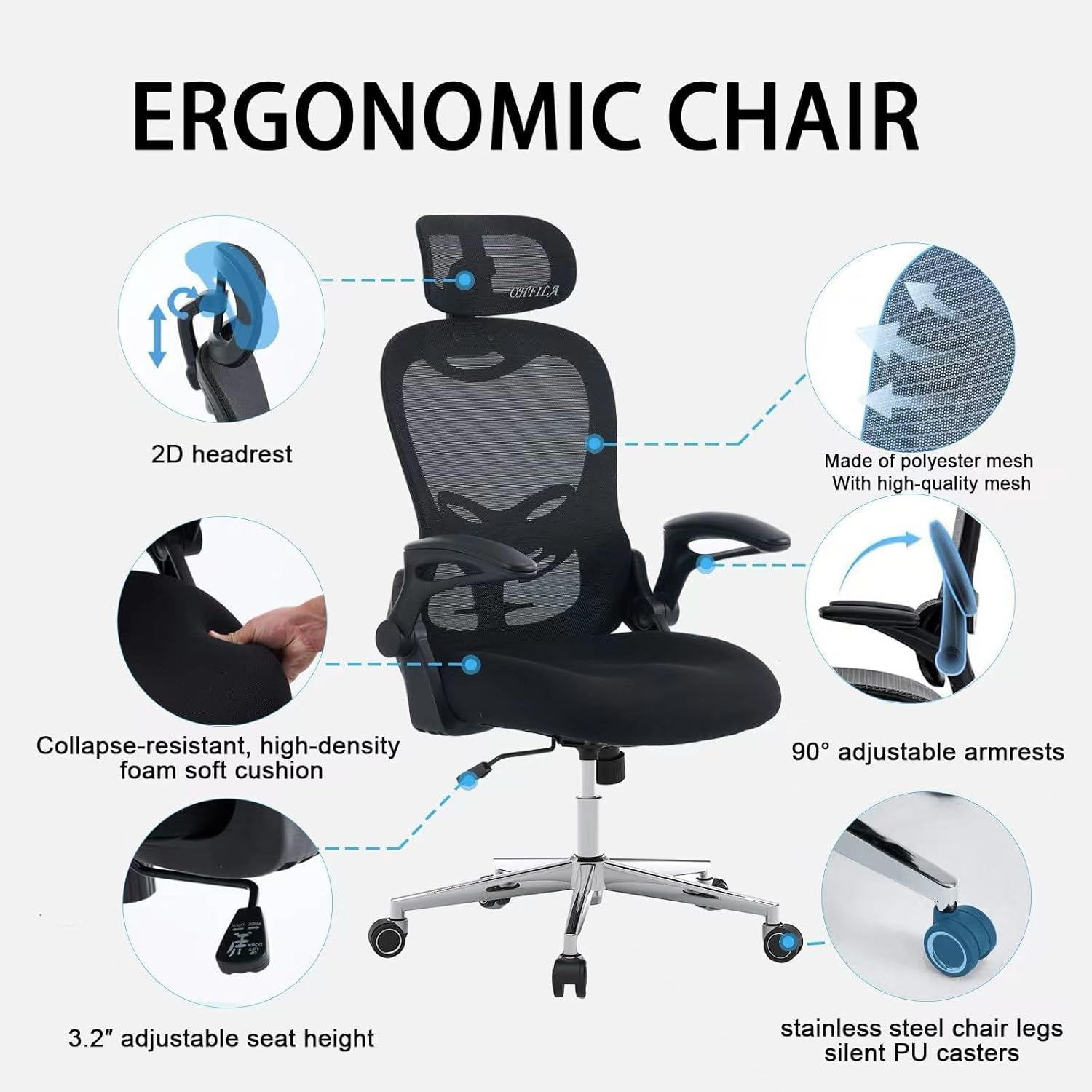 Office Chair, Ergonomic Breathable Mesh,Flip-Up Arms and Adjustable High Back Lumbar Support,Comfy Computer Chair for Home Office (Black, 407)