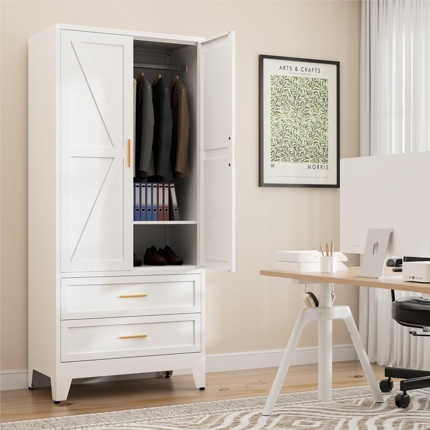 71" Tall Metal Wardrobe Cabinet with 2 Drawers and Hanging Rod, 2 Doors Armoire Wardrobe Closet with Shelf for Bedroom, Office, Laundry Room, White