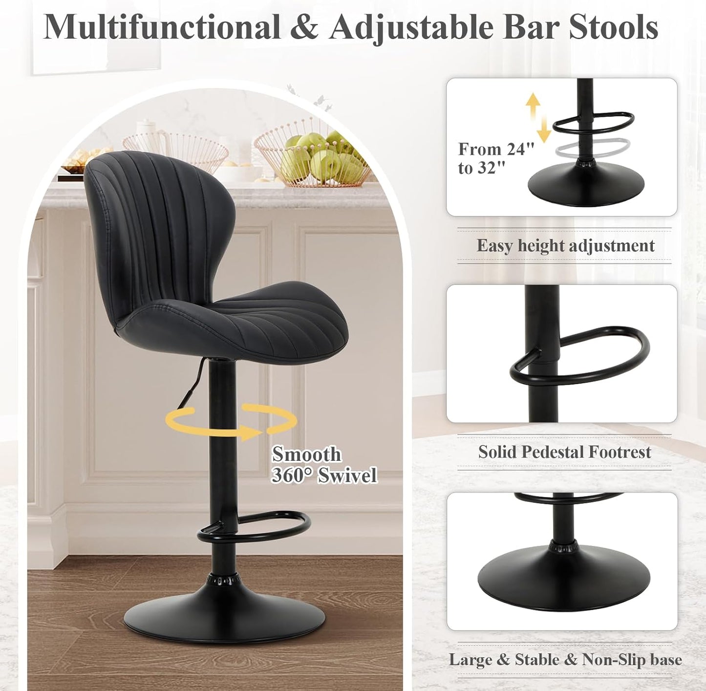 Bar Stools Set of 2, Modern Swivel Bar Chairs, Adjustable Faux Leather Upholstered Barstools Counter Height with High Backrest for Bar, Kitchen Island, Dining Room, Black
