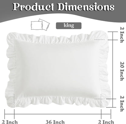 Ruffle Pillow Cases King Size Set of 2, Ruffled Pillow Covers with Envelope Closure, Wrinkle Resistant Pillowcases 20" X 36", Ruffled Pillow Shams, White