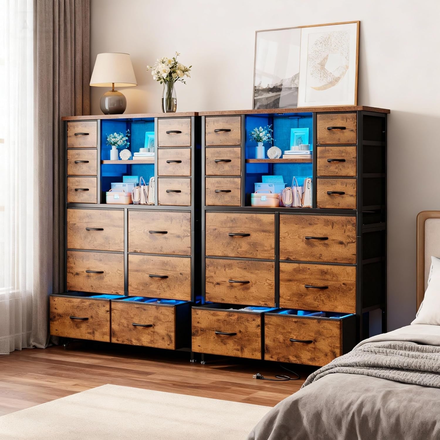 Dresser for Bedroom with Fabric Dresser, Charging Station & LED Light, Large Chest of Drawers for Living Room, Entryway, Metal Frame, Rustic Brown, 50.6" H X 37.8" W X 11.8" D