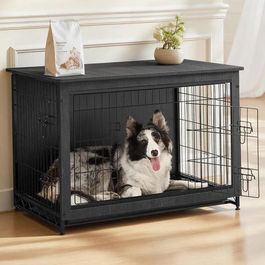 56.1" Dog Crate Furniture, Indoor Dog Cage Side End Table, XXL Pet Wood Kennel for Large and Medium Dogs up to 105 Lb with Multi-Purpose Removable Tray, Double-Door Pet House, Ink Black