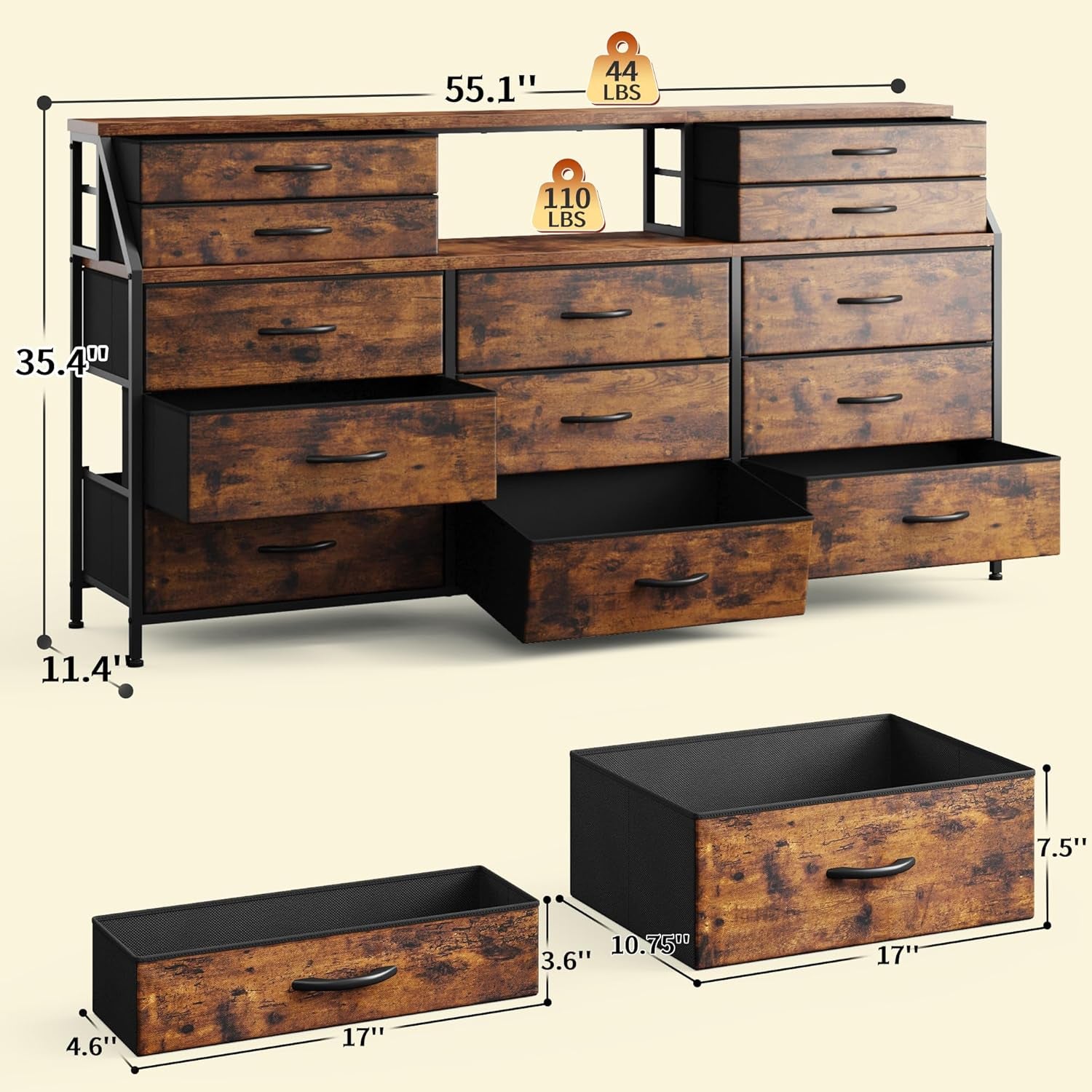 55" W Dresser for Bedroom with Deep Fabric Drawers, Long Chests of Drawers with 2 Open Wooden Shelves, Large Vanity Dressers for Dorm, Entryway, Rustic Brown, 55.1" W X 35.4" H X 11.4" D