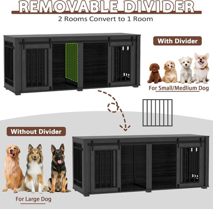 Large Dog Crate Furniture for 2 Dogs, Upgrade 71" Pro XXL Sliding Door Heavy Duty Dog Kennel Furniture with Divider, Steel Frame Indoor Double Dog Crate for Large Medium Small Dogs, Dark Black
