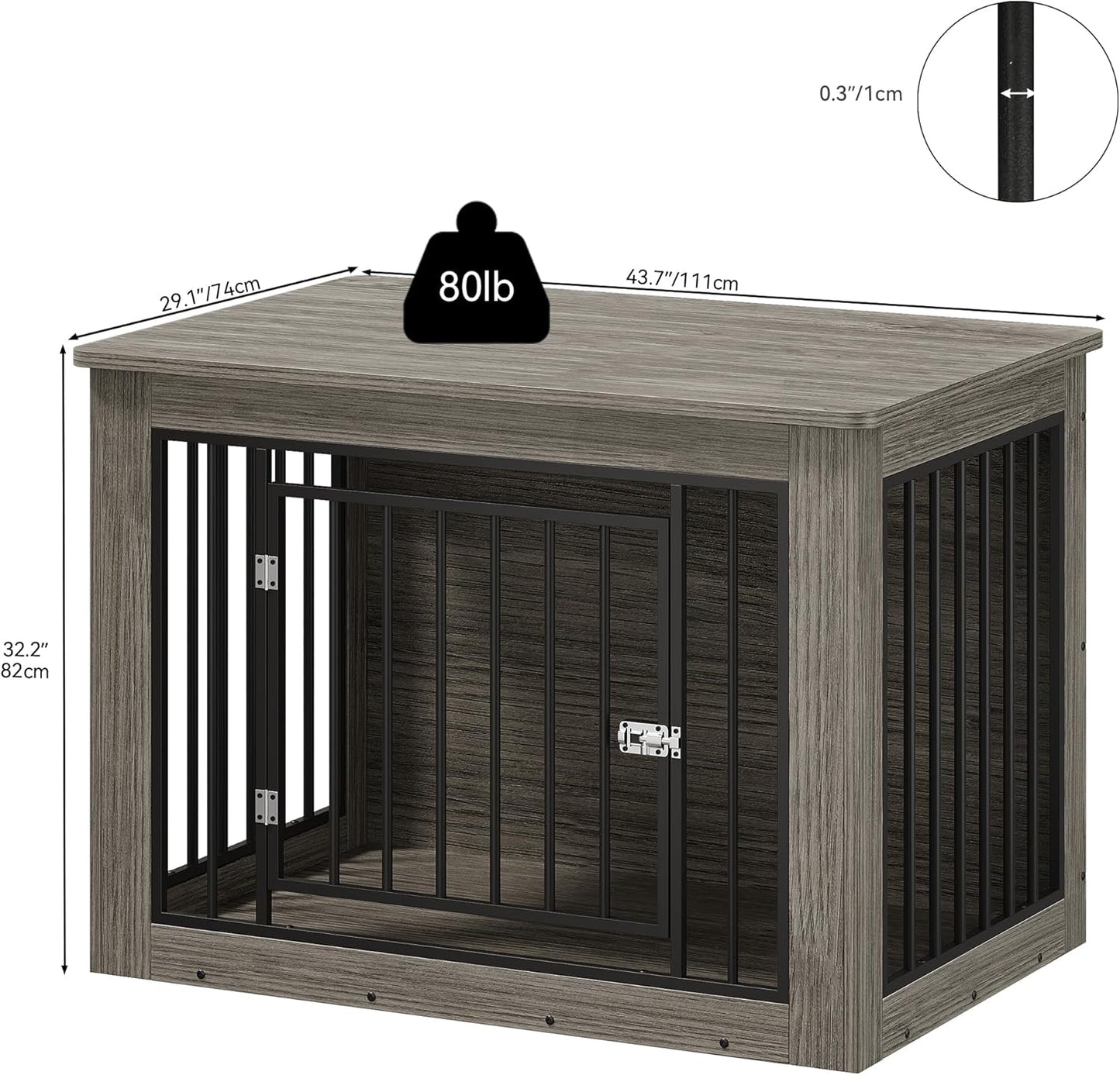 27.2" L Dog Crate Furniture for Medium Dogs, 2-In-1 Iron-Wood Fusion Dog Cage Indoor up to 30 Lb, Side End Table, Modern Dogs Kennel with Waterproof Top, Safety Corners,Steel Lock,Grey