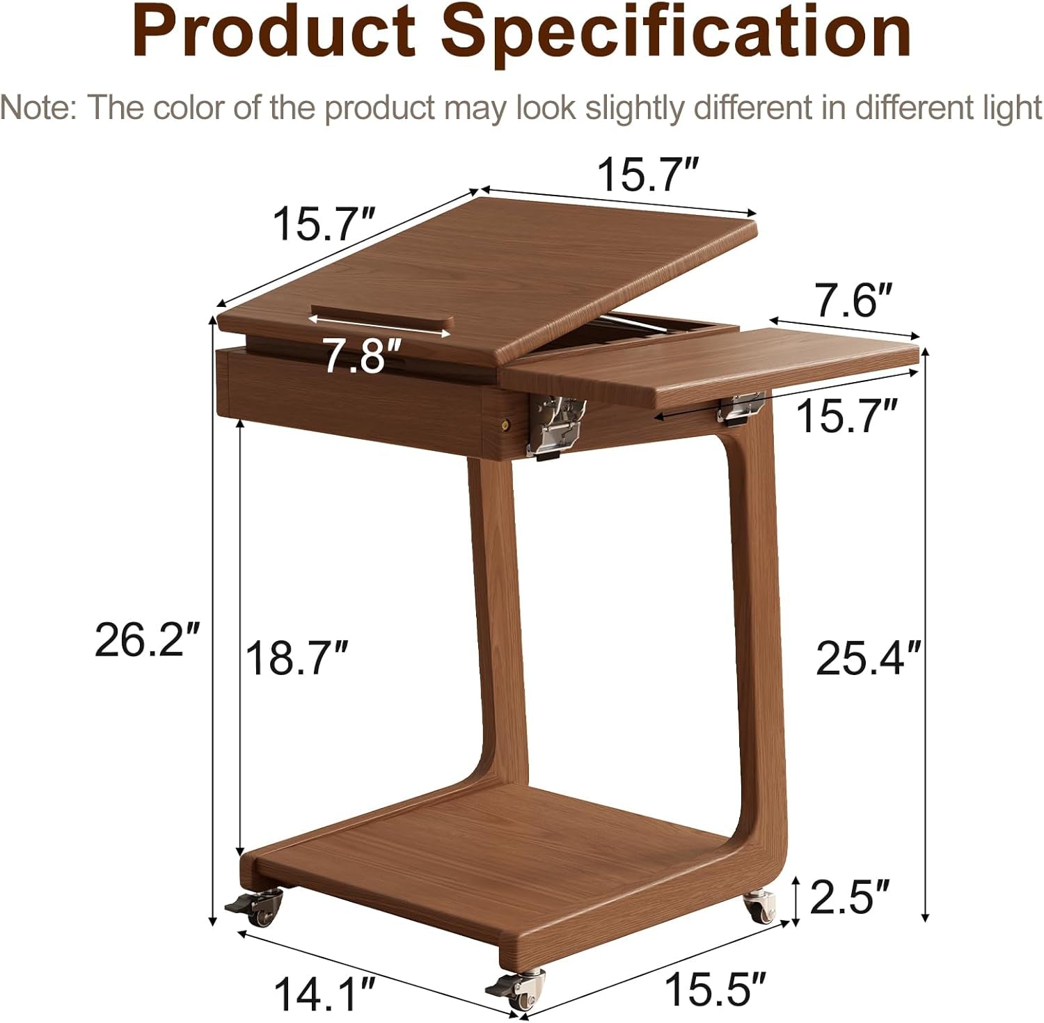 Solid Wood C Shaped End Table for Couch,Walnut C Table with Wheels,Small Side Table with Adjustable Desktop,Couch Desk with Storage,Rolling Tv Tray with Folding Shelf,Modern Bedside Table