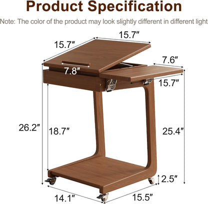 Solid Wood C Shaped End Table for Couch,Walnut C Table with Wheels,Small Side Table with Adjustable Desktop,Couch Desk with Storage,Rolling Tv Tray with Folding Shelf,Modern Bedside Table