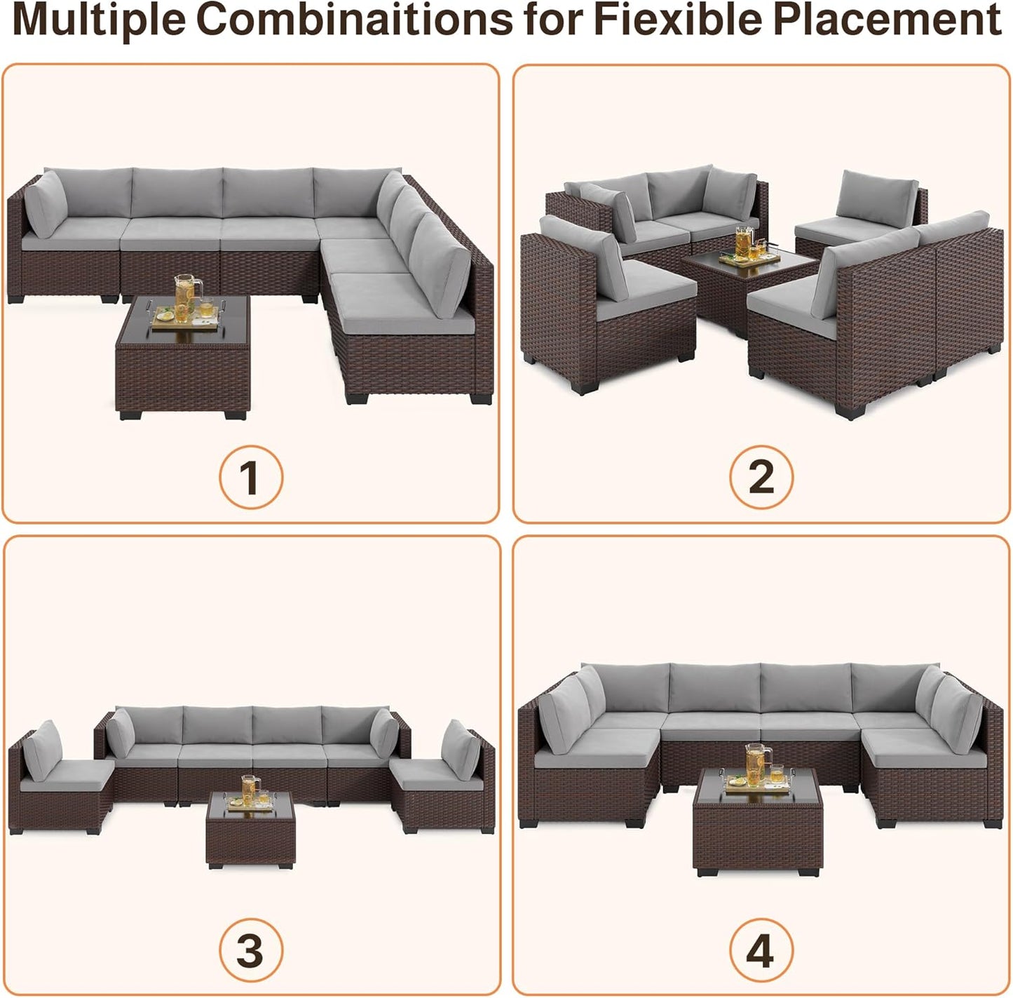 7-Piece Patio Furniture Set, Outdoor Sectional Couch with Water-Resistant Cushions & Coffee Table, PE Rattan Outdoor Patio Sofa Set for Backyard, Deck, Garden, or Porch, Grey