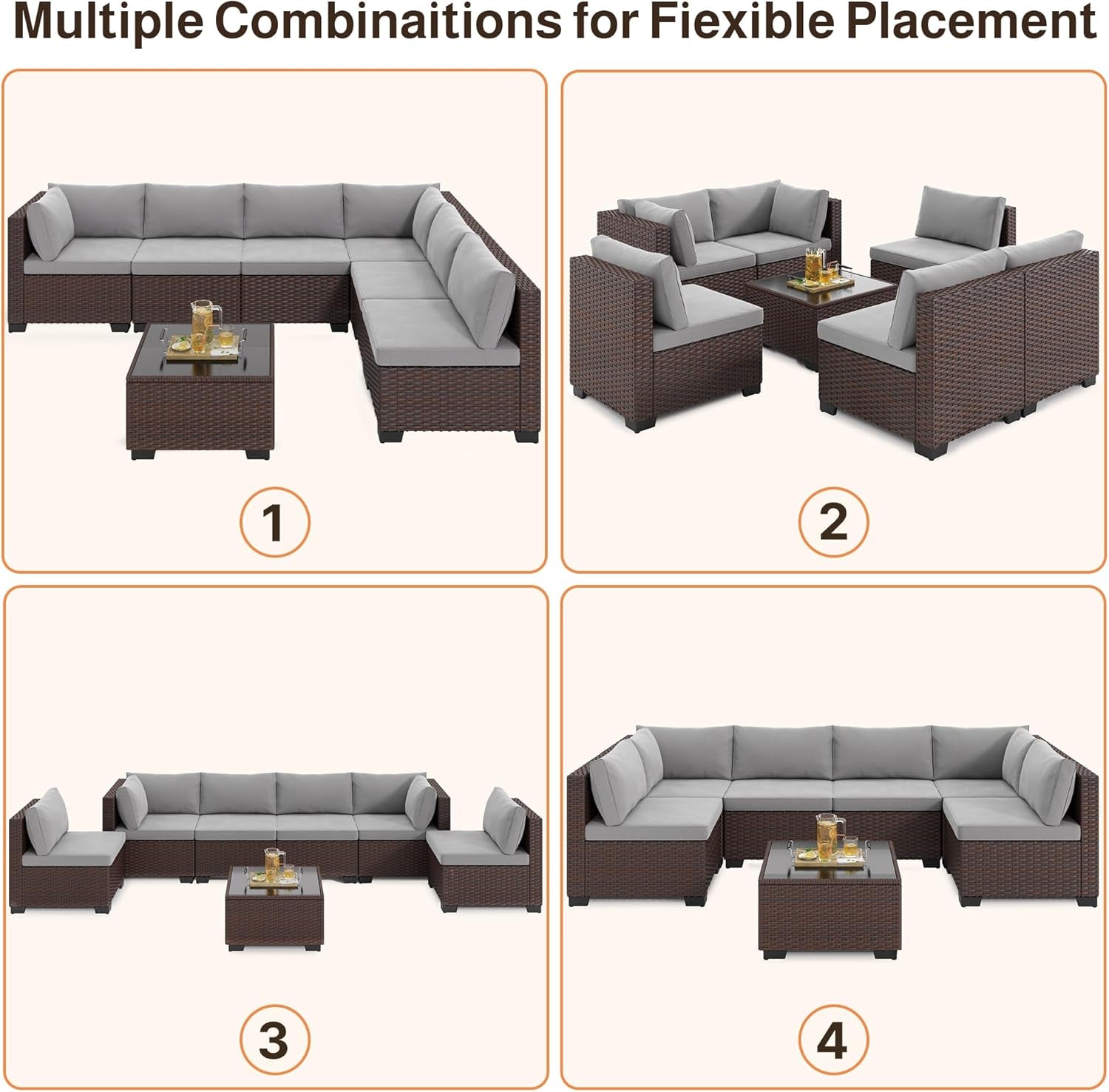 7-Piece Patio Furniture Set, Outdoor Sectional Couch with Water-Resistant Cushions & Coffee Table, PE Rattan Outdoor Patio Sofa Set for Backyard, Deck, Garden, or Porch, Grey