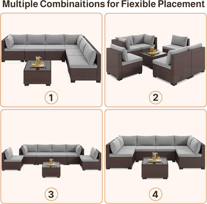 7-Piece Patio Furniture Set, Outdoor Sectional Couch with Water-Resistant Cushions & Coffee Table, PE Rattan Outdoor Patio Sofa Set for Backyard, Deck, Garden, or Porch, Grey