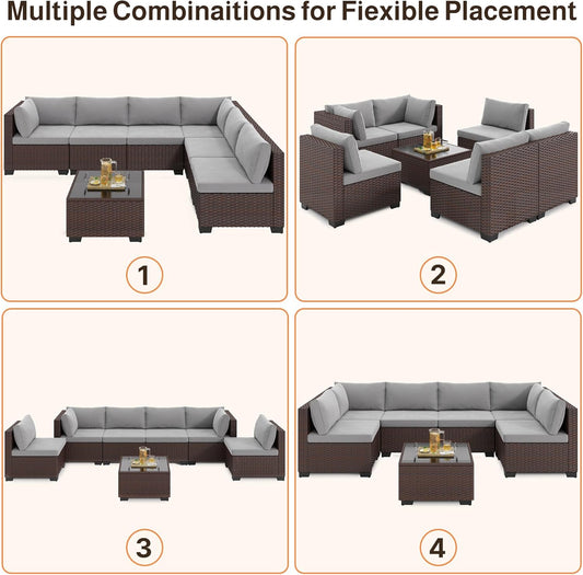 7-Piece Patio Furniture Set, Outdoor Sectional Couch with Water-Resistant Cushions & Coffee Table, PE Rattan Outdoor Patio Sofa Set for Backyard, Deck, Garden, or Porch, Grey
