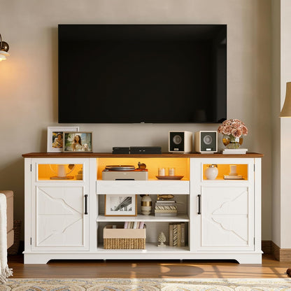 65.8" Farmhouse TV Stand for 60/65/70 Inch Tvs, Tall Entertainment Center with LED Lights & Power Outlet, Media Console with Storage Cabinets & Adjustable Shelves for Living Room, White