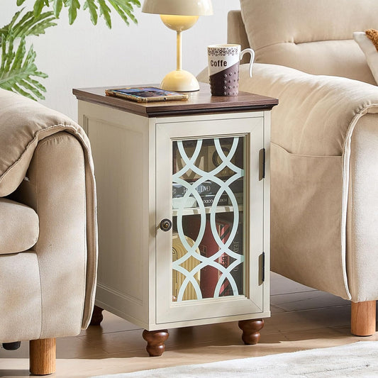Narrow Side Table with Glass Door, 18 X 14'' Night Stand with Adjustable Shelf Storage Cabinet Organizer, Bedside End Tables Wood Nightstand for Small Spaces Living Room Bedroom