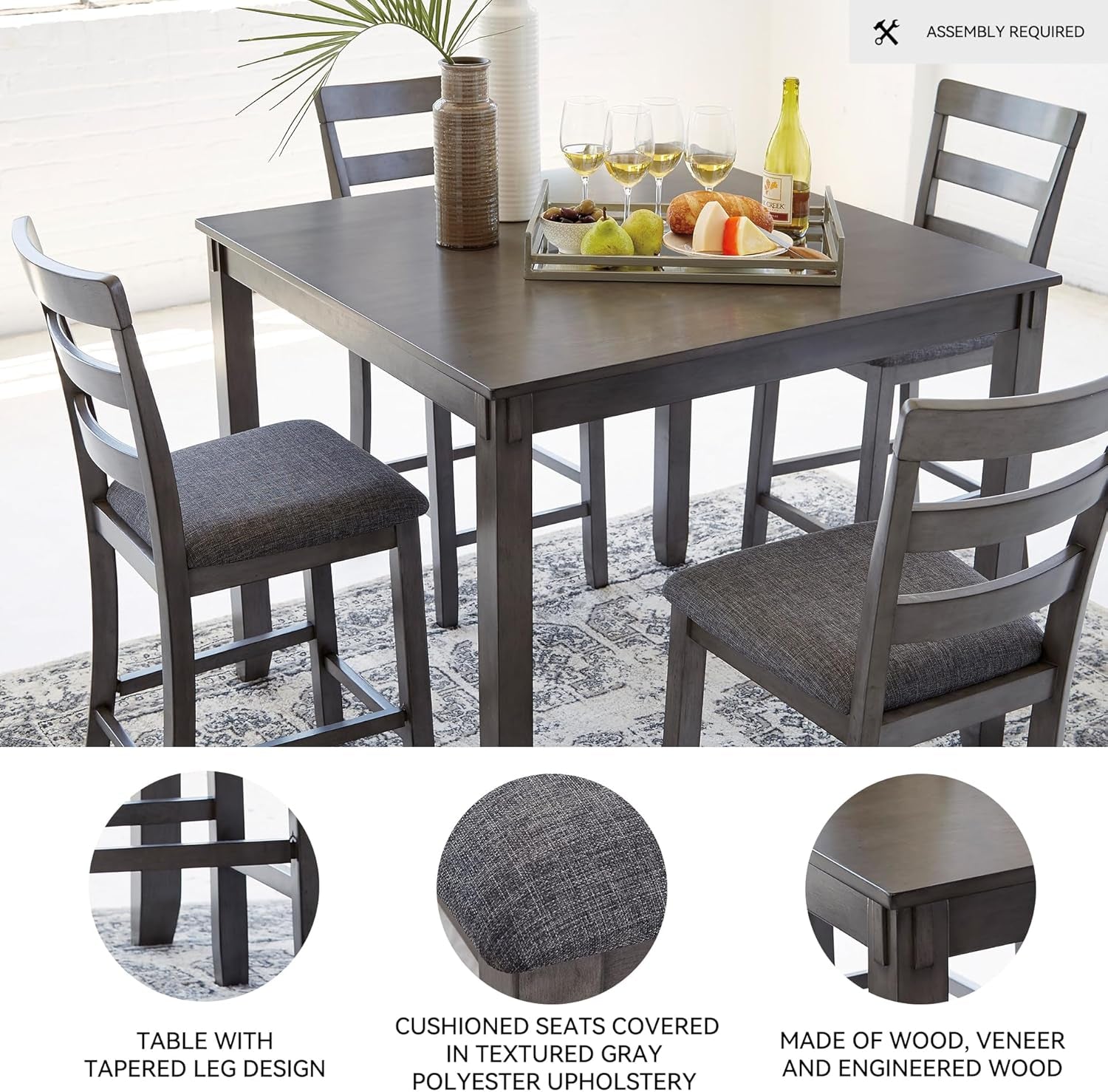 Bridson 5 Piece Counter Height Dining Room Set, Includes Table & 4 Bar Stools, Gray