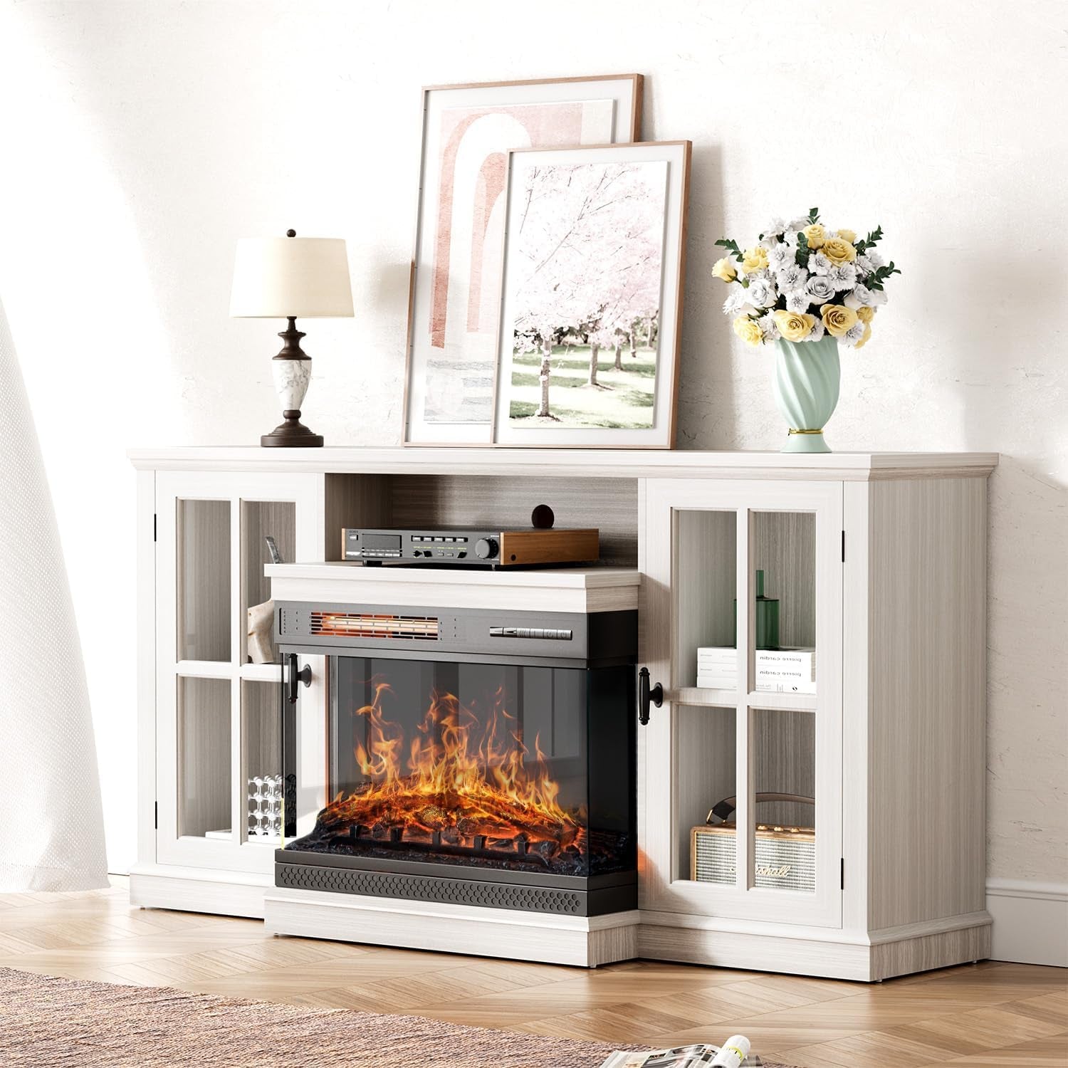 Glass Fireplace TV Stand for Tvs up to 65 Inch, Media Entertainment Center with Storage, White Wash