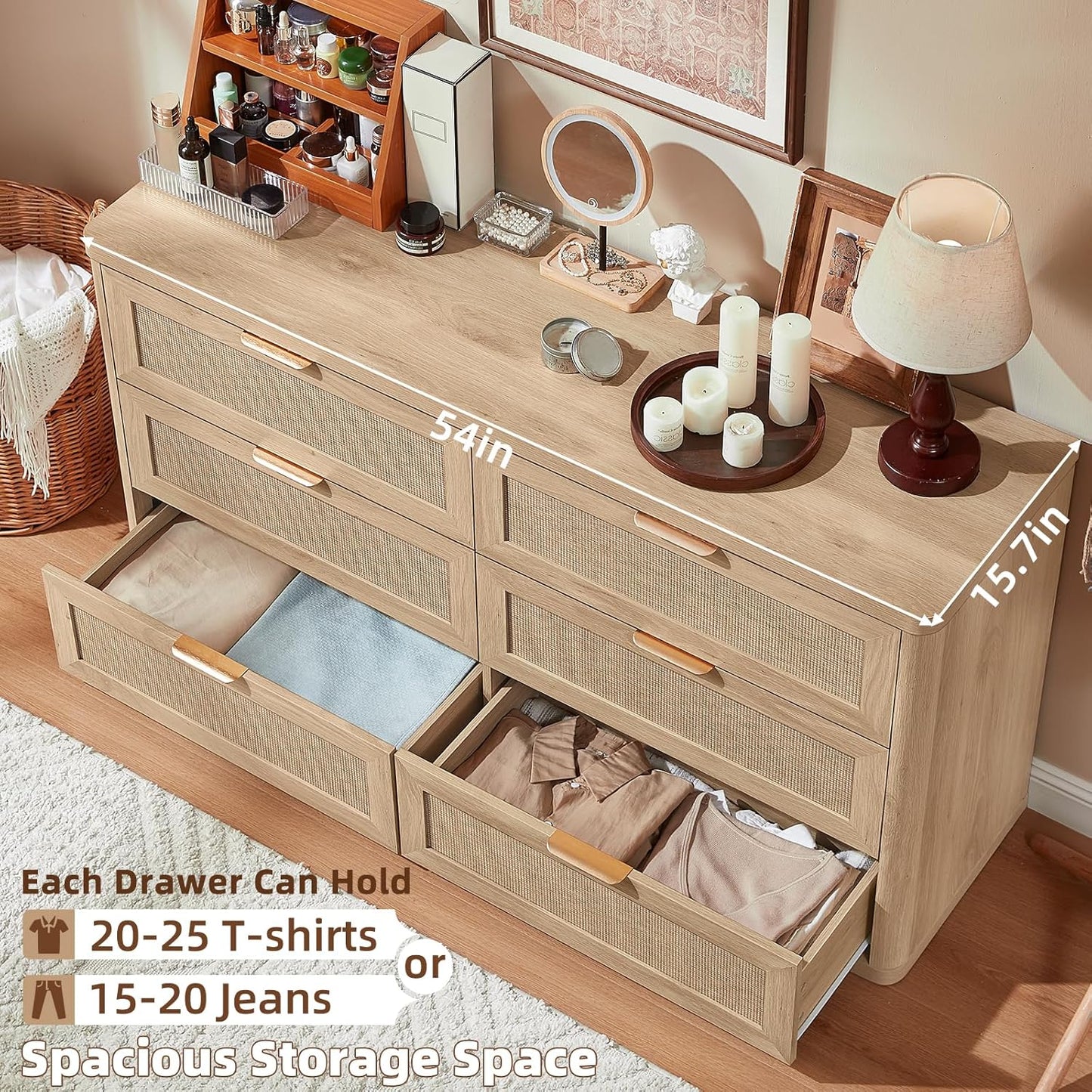 Rattan 6 Drawer Dresser for Bedroom, Boho 54" Wide Natural Wood Dresser Chest of Drawers, Dressers TV Stand with Metal Handle, Storage Dressers Closet Organizer for Living Room, Hallway