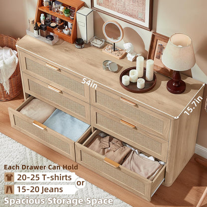 Rattan 6 Drawer Dresser for Bedroom, Boho 54" Wide Natural Wood Dresser Chest of Drawers, Dressers TV Stand with Metal Handle, Storage Dressers Closet Organizer for Living Room, Hallway