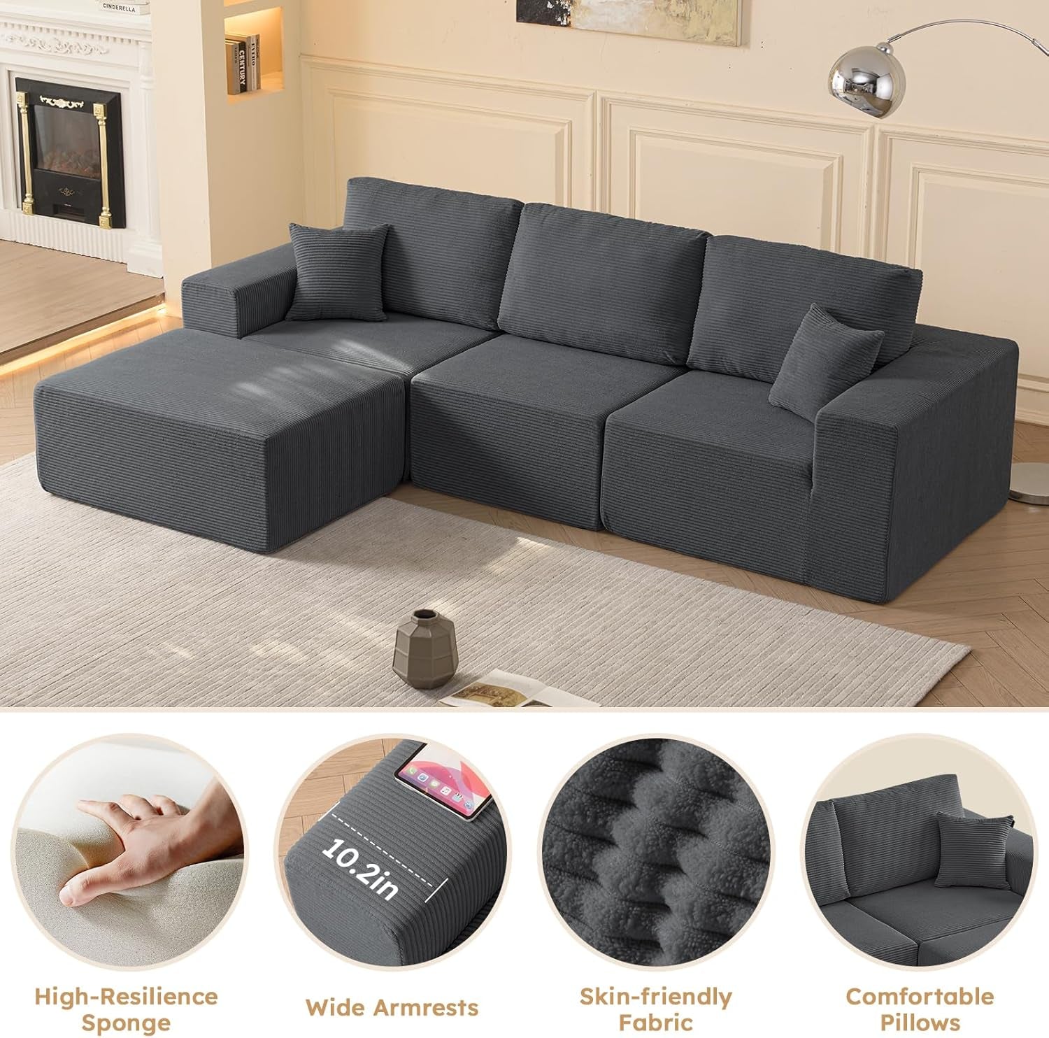 Modular Sectional Couch Modern 108" L Shaped Boneless Cloud Couch with Deep Seat, Sectional Sofa for Living Room Bedroom Apartments Dorms, No Assembly Required, Dark Grey