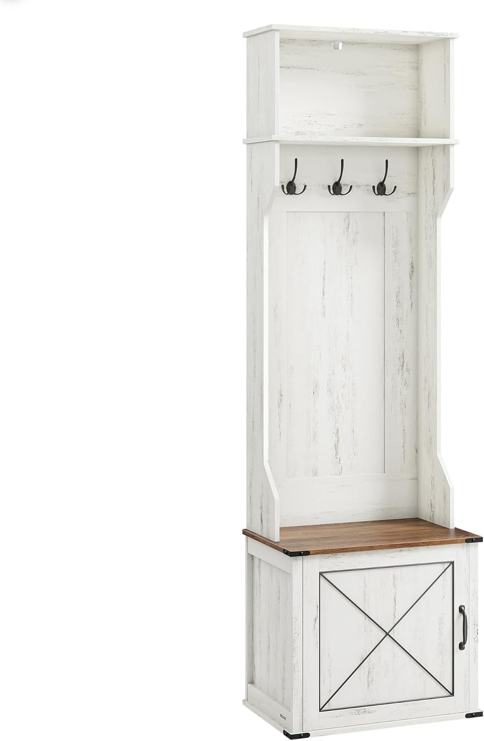 Hall Tree with Bench and Shoe Storage, Coat Rack with Shoe Bench, Entryway Furniture, 6 Tri-Hooks, Sliding Door, Farmfouse Style, Space Saving, Rustic White and Honey Brown UHSR443W01