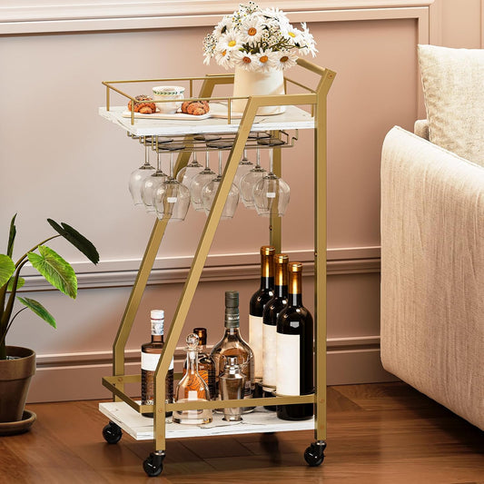 Bar Cart Gold, Home Bar Serving Cart, Kitchen Cart, Rolling Beverage Cart & Wine Rack and Glass Holder 2 Storage Shelves, Cocktail Cart for Home Dining Party, White and Gold DM27TC01