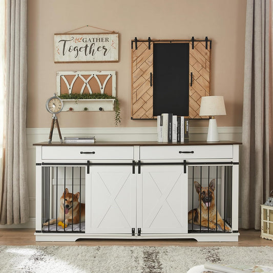 72.5" Extra Large Furniture Style Double Dog Crates for Large Breeds, XXL Wooden Dog Kennel Furniture with Drawers, Divider, Water Resistant & Barn Door for 2 Dogs, White