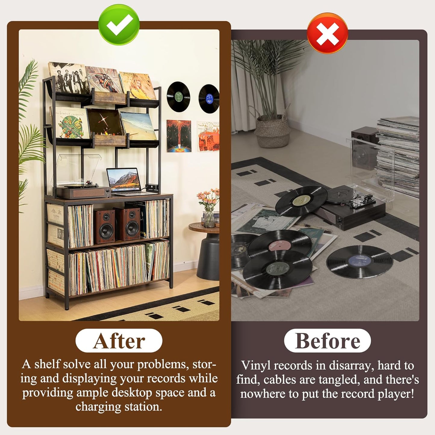 Extra Large Record Player Stand, Vinyl Record Stand Hold up to 600 Albums, Turntable Stand with Record Display Shelf, Record Player Table for Living Room Bedroom Music Room Studio, Rustic Brown