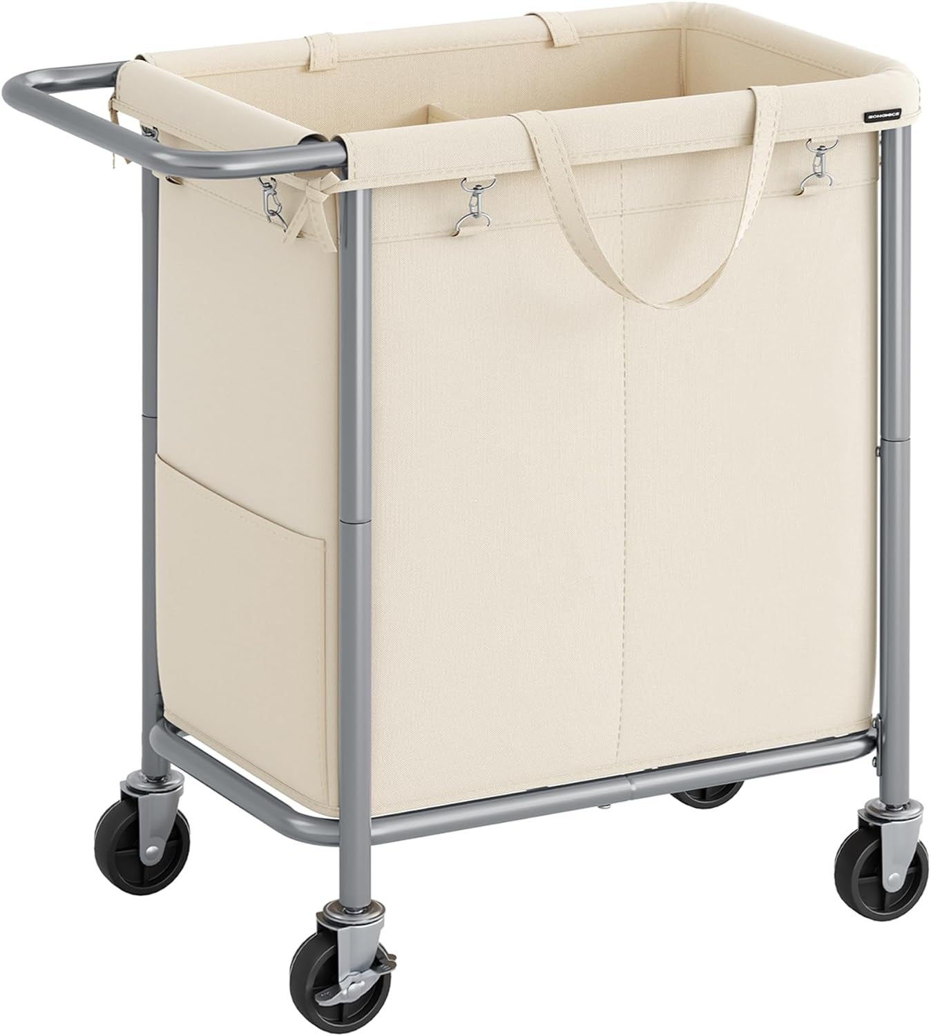 Laundry Basket with Wheels, 3-Section Rolling Laundry Hamper, 52.8 Gallons (200L), Removable Liner, Steel Frame with Handle, Blanket Storage, 35.8 X 15.4 X 31.9 Inches, Cream White URLS005W01