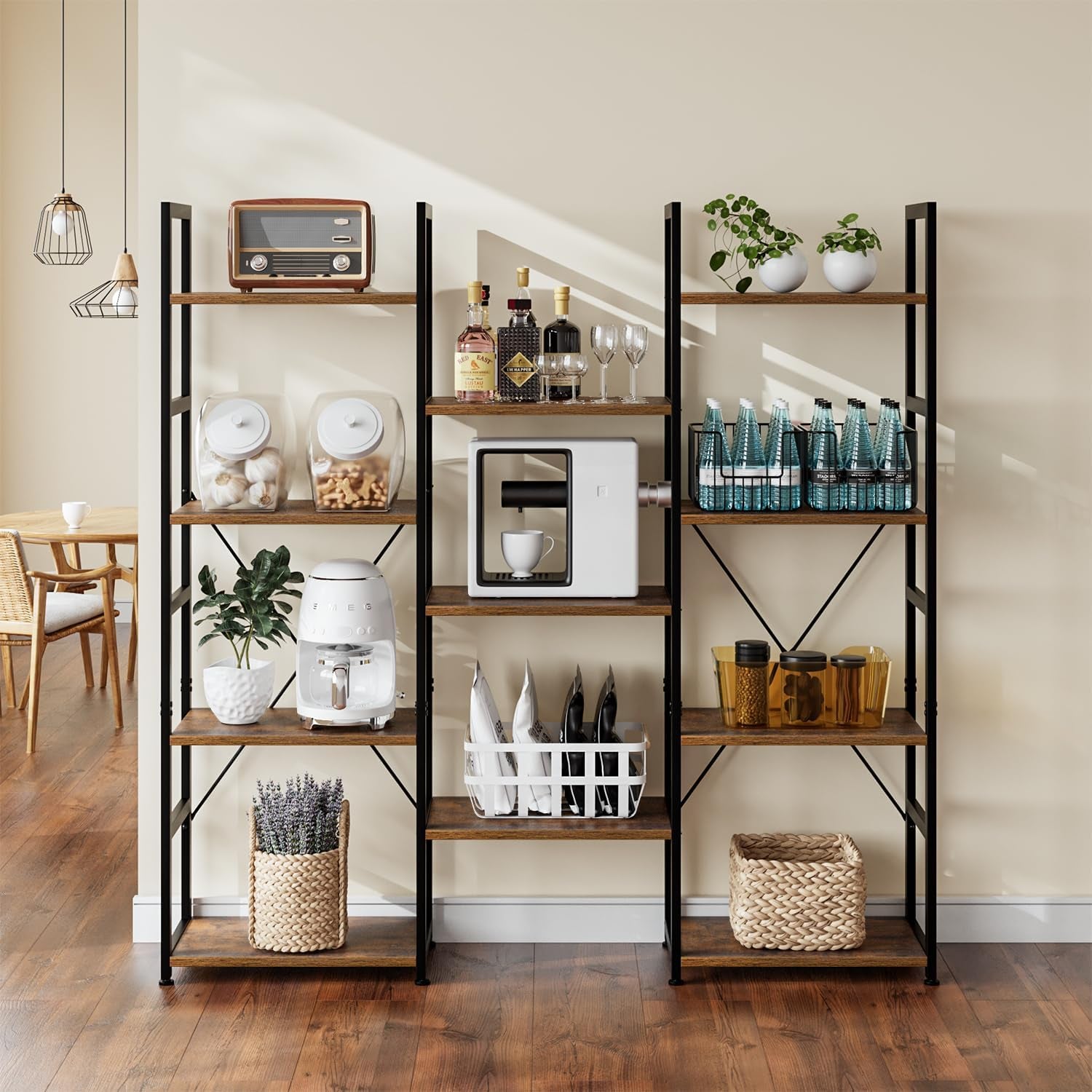 Triple Column 4 Tier Bookshelf, Bookcase with 11 Open Display Shelves, Adjustable Rustic Industrial Style Book Shelves, Modern Bookshelves for Bedroom, Living Room and Home Office, Vintage