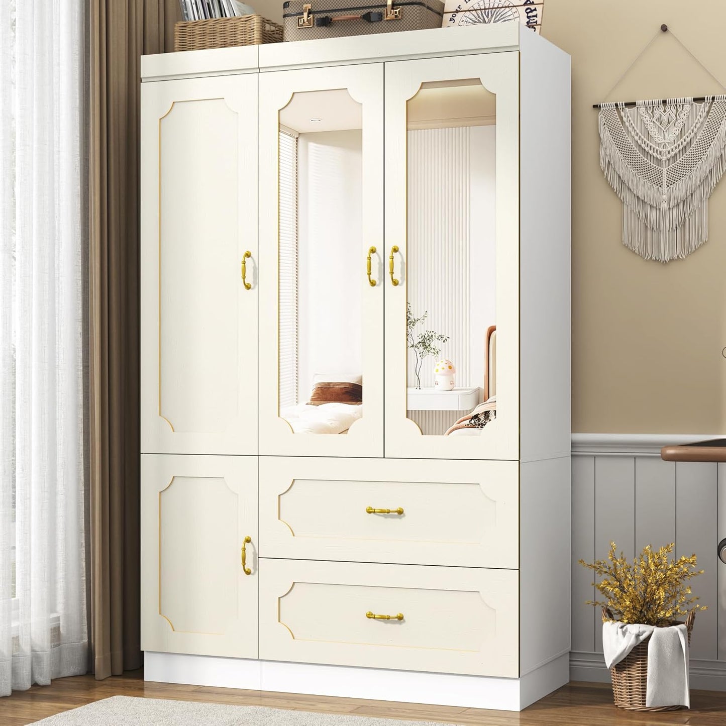 75" Tall 3 Doors Armoire Wardrobe Closet with Mirror and LED Light,Modern Freestanding White Wardrobe Armoire for Bedroom with Drawers,Modern Clothing Storage Cabinet for Bedroom(White)
