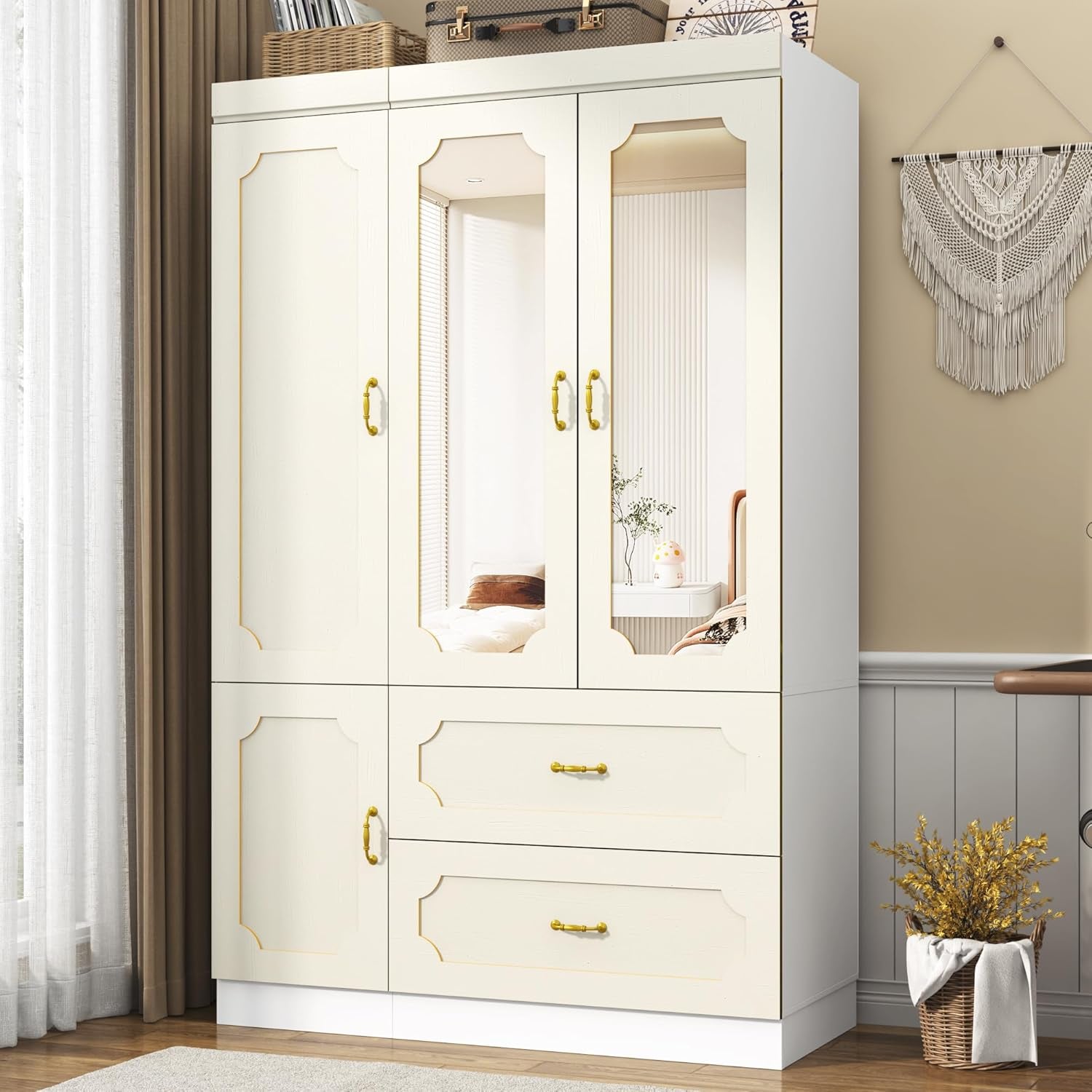 75" Tall 3 Doors Armoire Wardrobe Closet with Mirror and LED Light,Modern Freestanding White Wardrobe Armoire for Bedroom with Drawers,Modern Clothing Storage Cabinet for Bedroom(White)