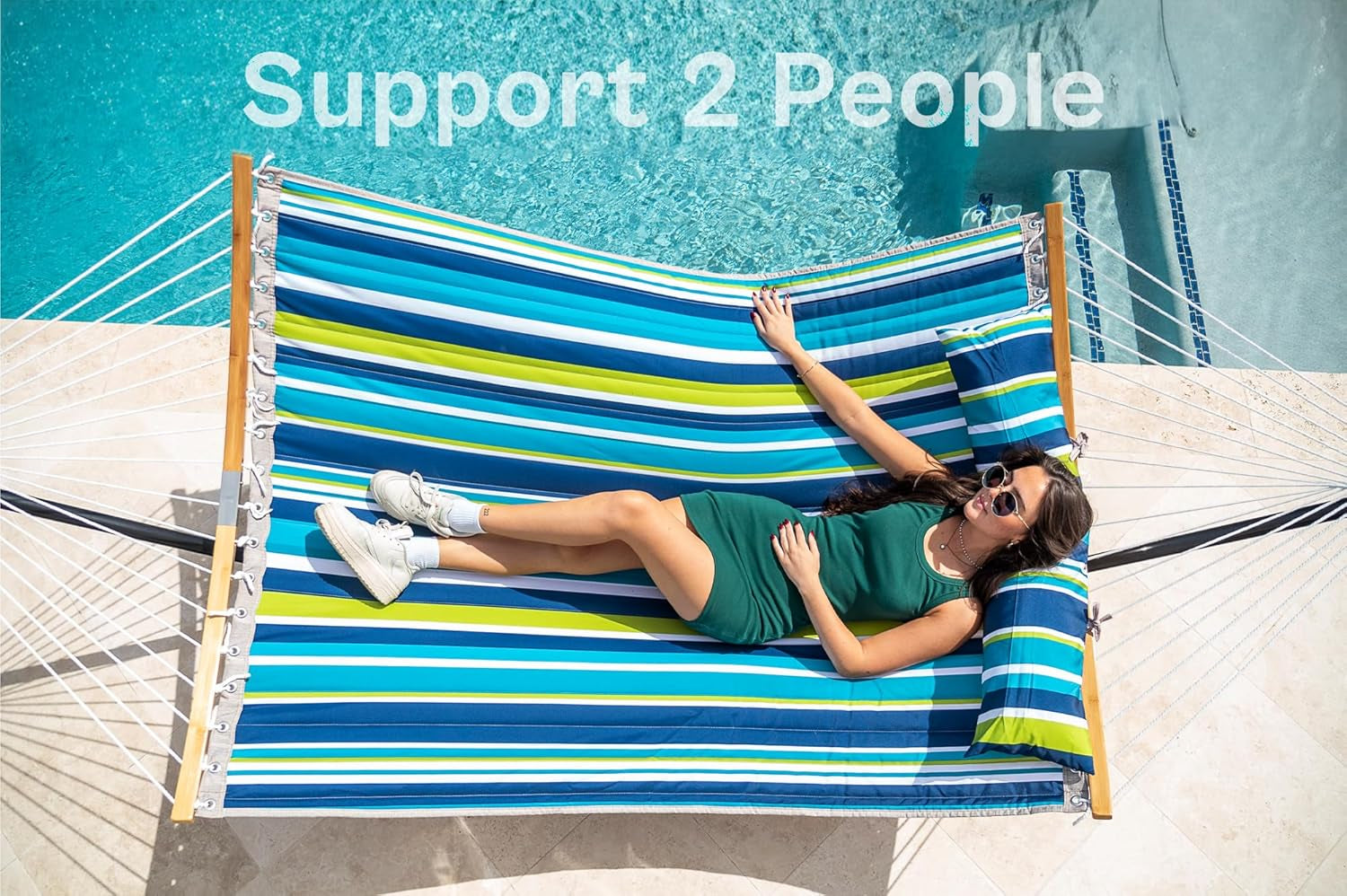 Hammock with Stand, 2 Person Heavy Duty Hammock with Padded Cotton, Detachable Pillow & Strong Curved-Bar & Portable Carrying Bag, Perfect for Outdoor & Indoor - Dark Cyan
