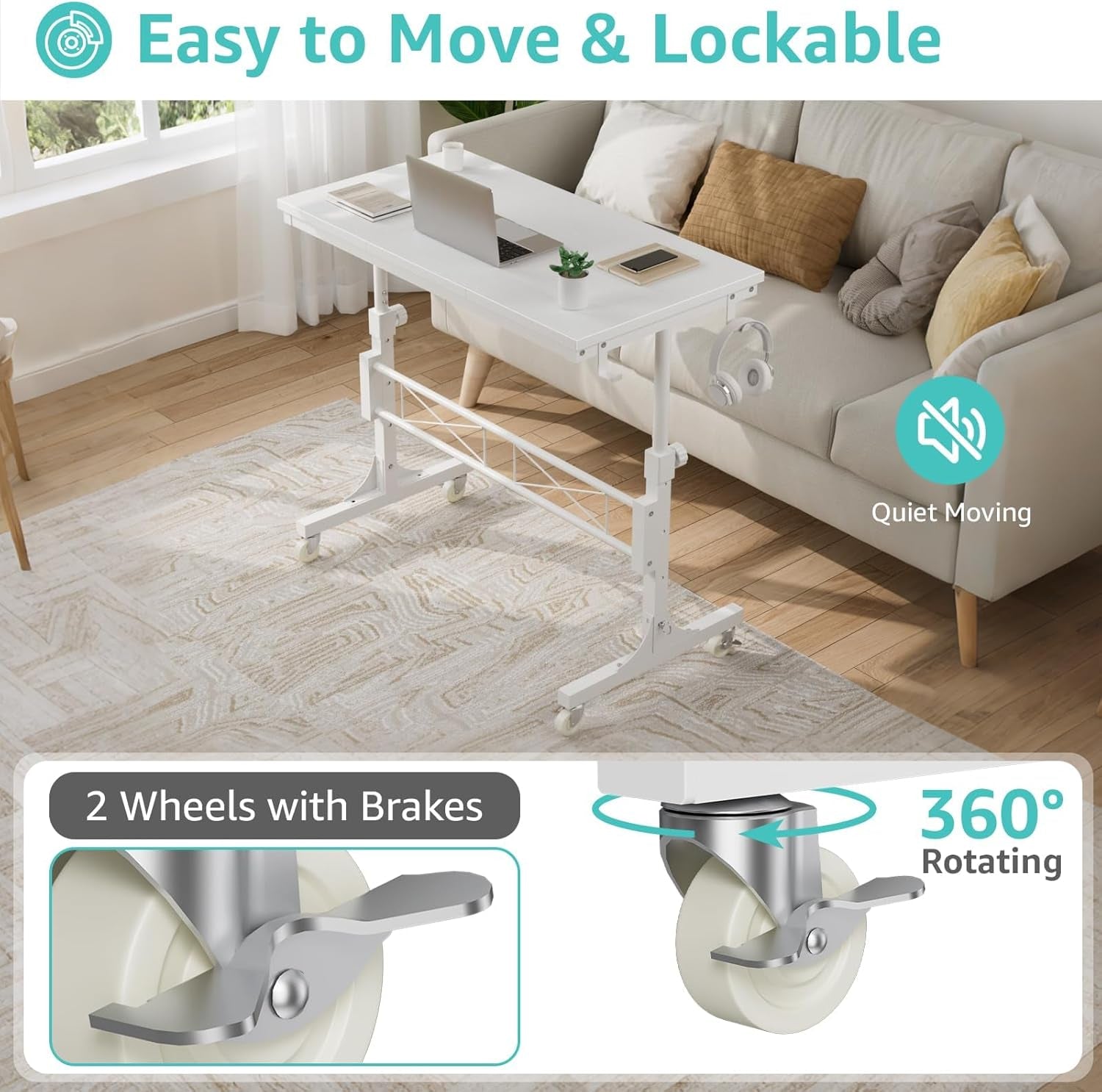 Small Portable Treadmill Walking Pad Desk on Wheels, 32 Inch White Adjustable Height Mobile Rolling Standing Teacher Desks, Couch Sofa Side Laptop Stand up Table for Bedroom, White