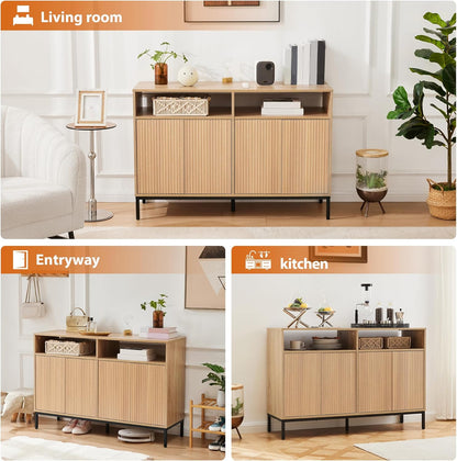 Farmhouse Buffet Sideboard Cabinet with Storage, Fluted Natural Coffee Bar Station Table with Doors and Adjustable Shelves, Modern Wood Cupboard for Kitchen
