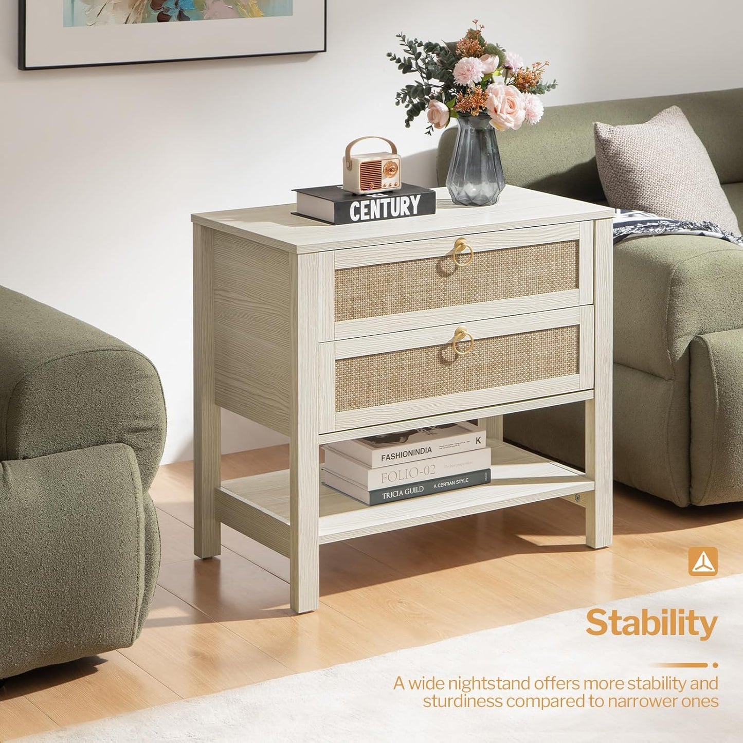 White Night Stand Set of 2, Large Nightstand with Drawers and Storage Shelf - Rattan Boho Bedside Table Narrow Side Table for Bedroom, Small Space