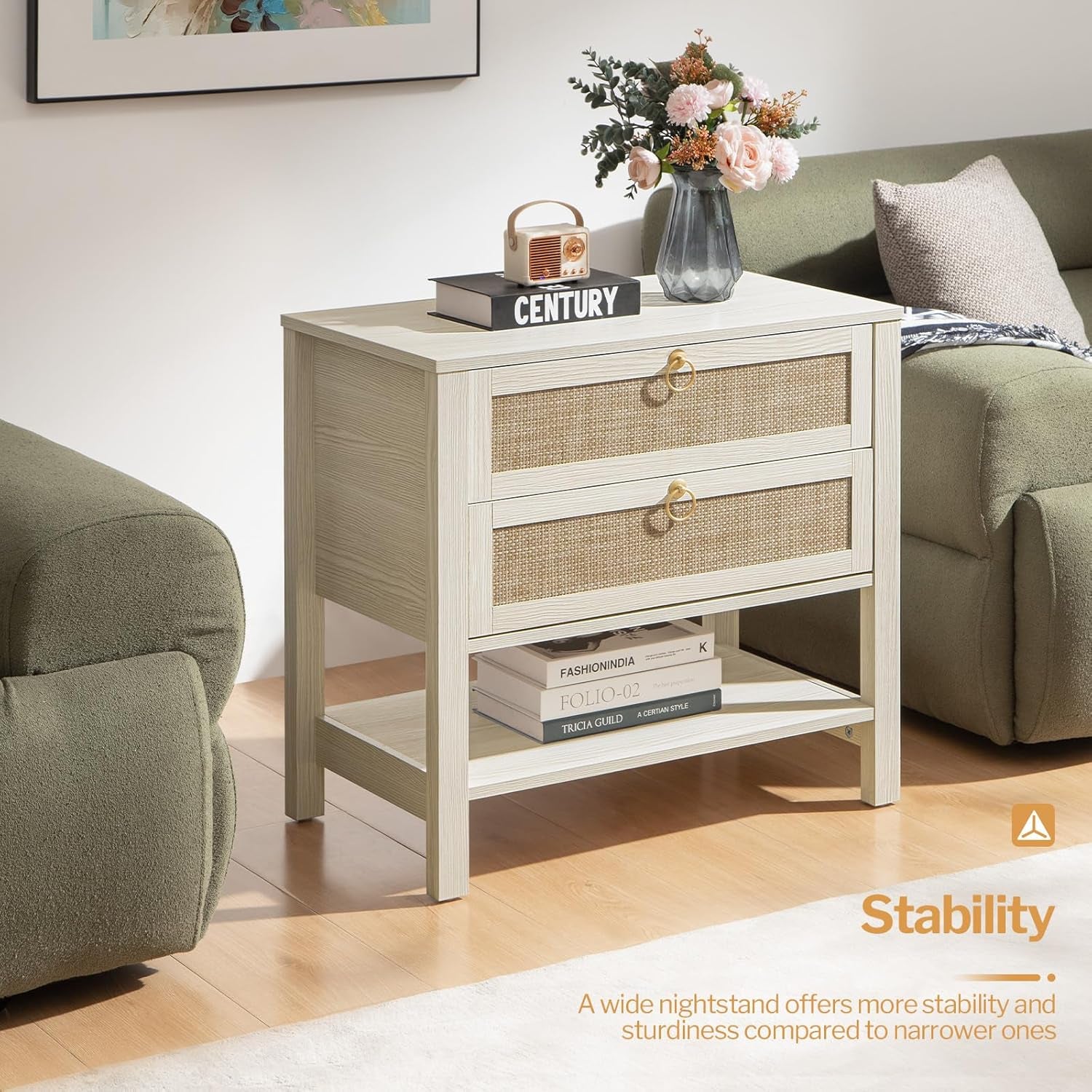 White Night Stand Set of 2, Large Nightstand with Drawers and Storage Shelf - Rattan Boho Bedside Table Narrow Side Table for Bedroom, Small Space