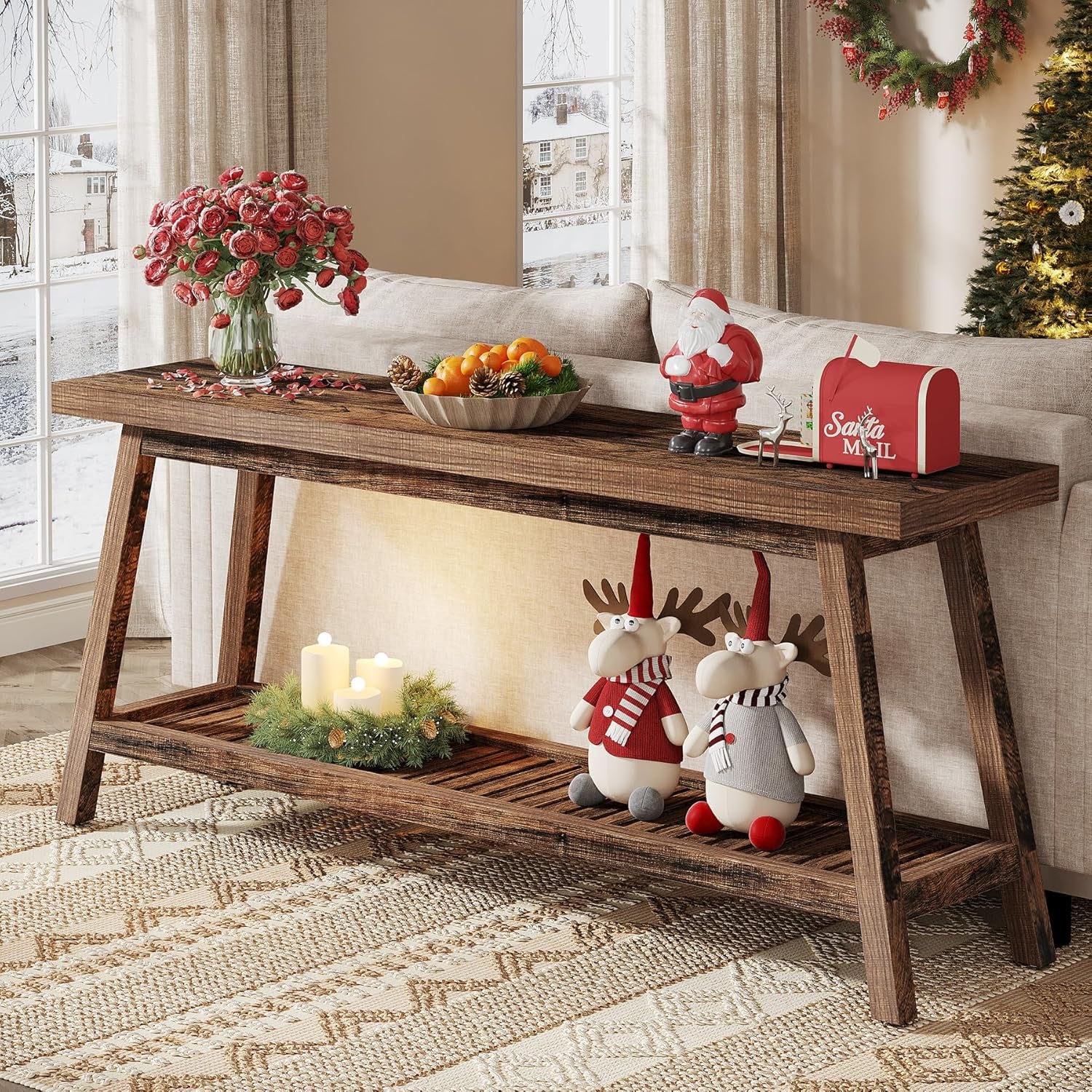 70.86-Inch Console Table for Entyrway, Farmhouse 2-Tier Entry Entrance Table, Narrow Long Sofa Table behind Couch, Rustic Brown