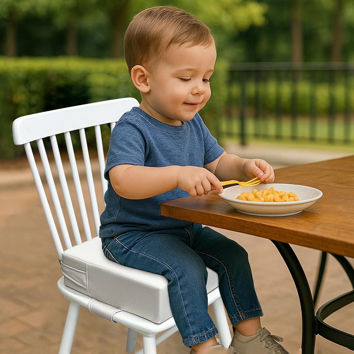 Booster Seat for Kitchen Chair (PU Material),Toddler Booster Seats for Dining Table Portable for Travel Camping Eating Double Safe Straps Non-Slip Bottom (Grey)