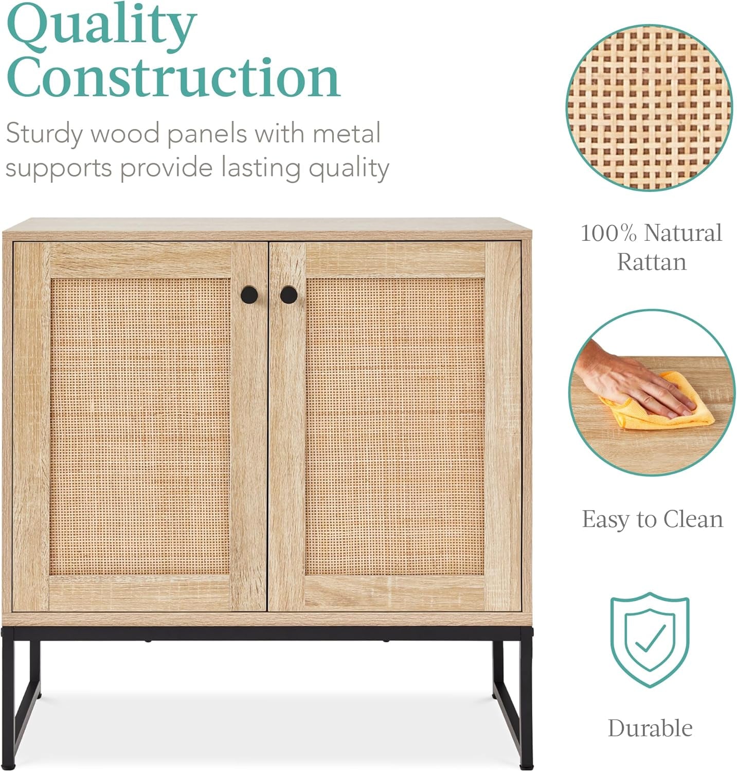 2-Door Rattan Storage Cabinet, Accent Furniture, Multifunctional Cupboard for Living Room, Hallway, Kitchen, Sideboard, Buffet Table W/Non-Scratch Foot Pads - Natural