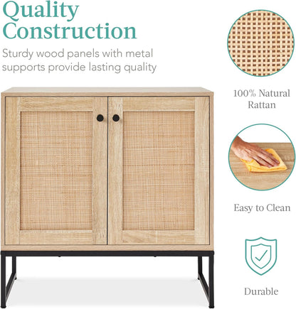2-Door Rattan Storage Cabinet, Accent Furniture, Multifunctional Cupboard for Living Room, Hallway, Kitchen, Sideboard, Buffet Table W/Non-Scratch Foot Pads - Natural