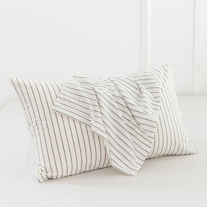 Bedding Pillowcases Striped Pack of 2 100% Washed Cotton Linen like Textured Breathable Durable Soft Comfy (White Dark Grey Wide Stripes, King)