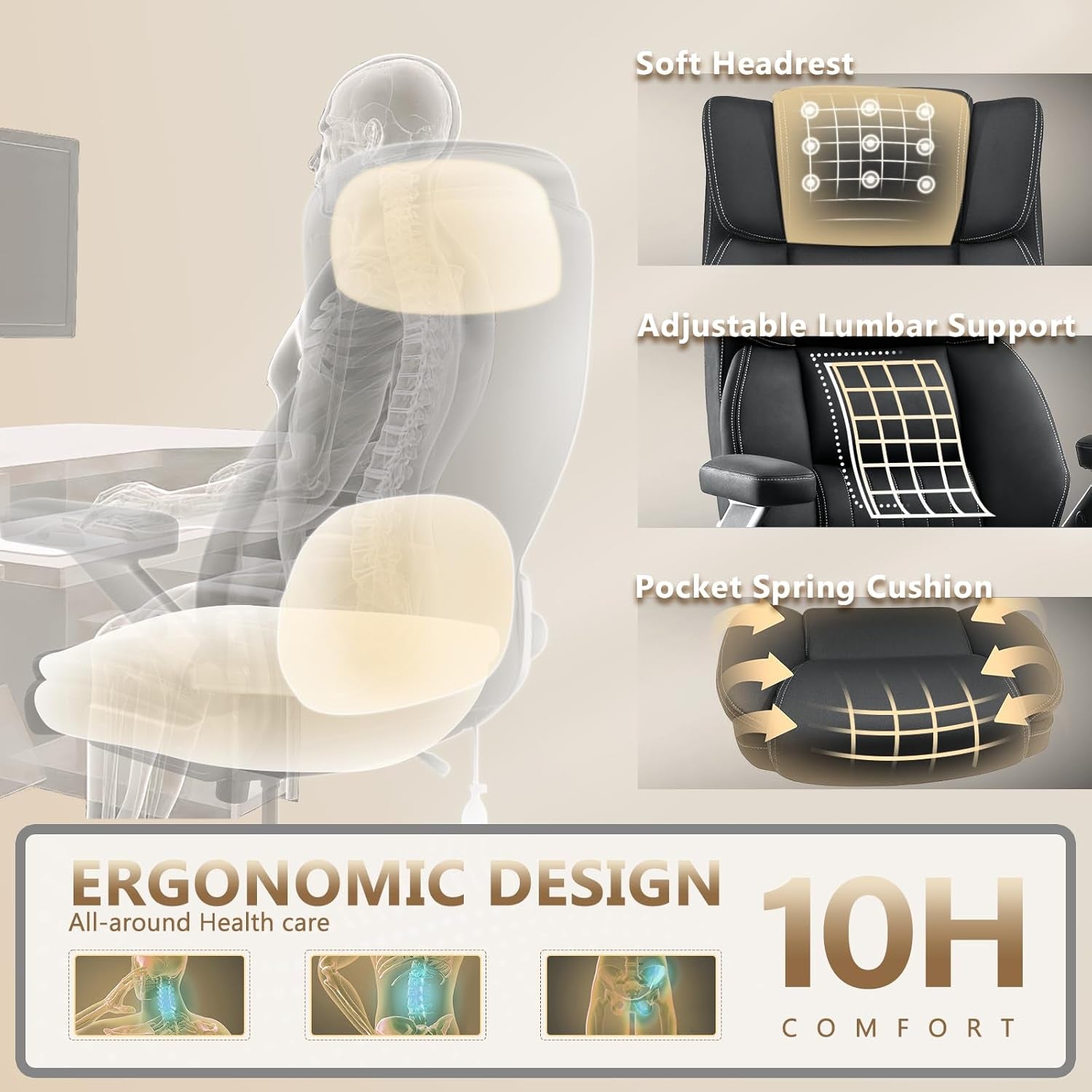 600LBS Breathable Fabric Big and Tall Office Chair with 5D Flip Arms and Pocket Spring Cushion, Ergonomic Heavy Duty Executive Office Desk Chair with Lumbor Support, High Back Computer Chair (600Lbs)