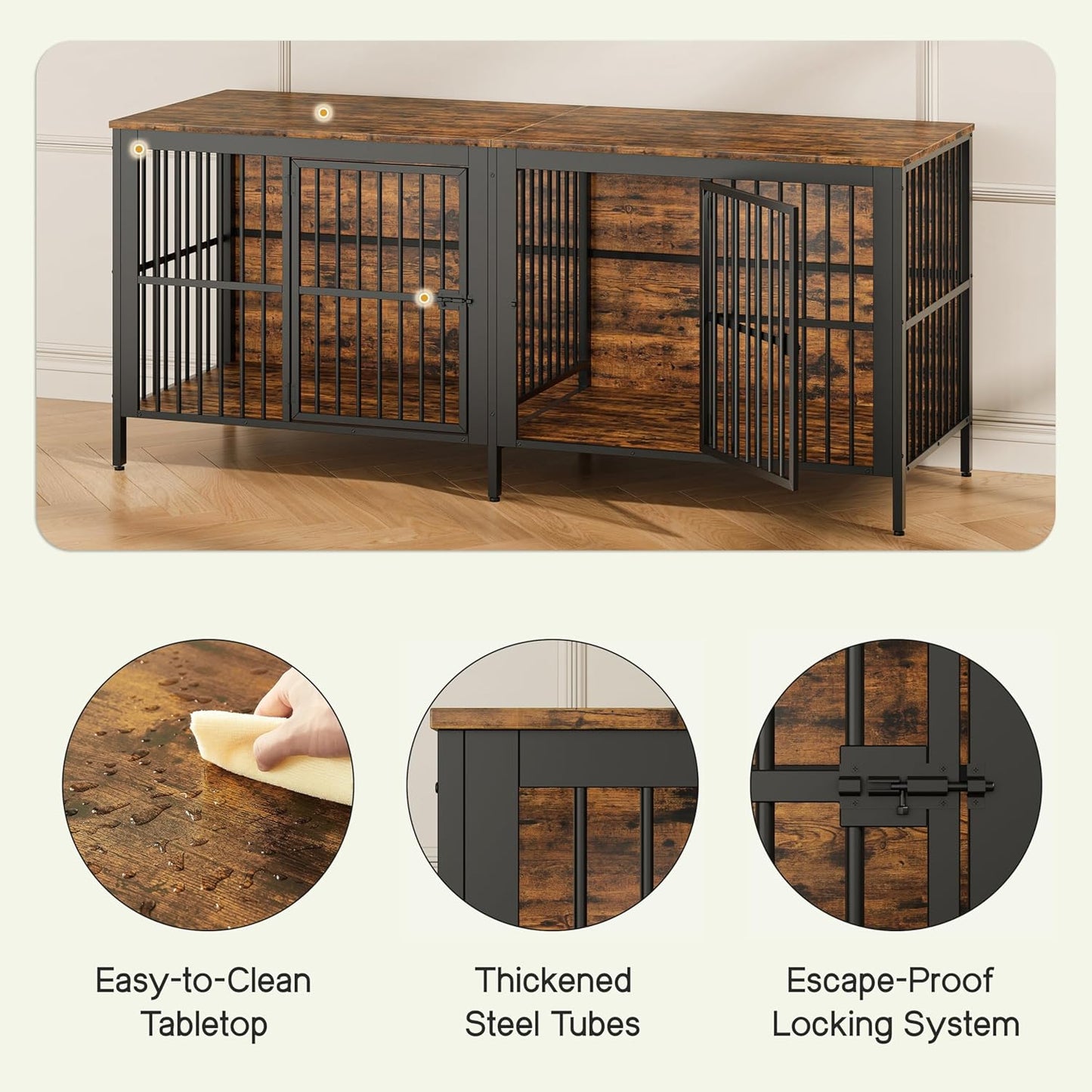 80" Heavy Duty Dog Crate Furniture with Rustic Wood Top - 3-In-1 Large Indoor Dog Kennel End Table & TV Stand, Double Door Pet House for Medium/Large Dogs (Up to 150Lbs), Easy Assembly