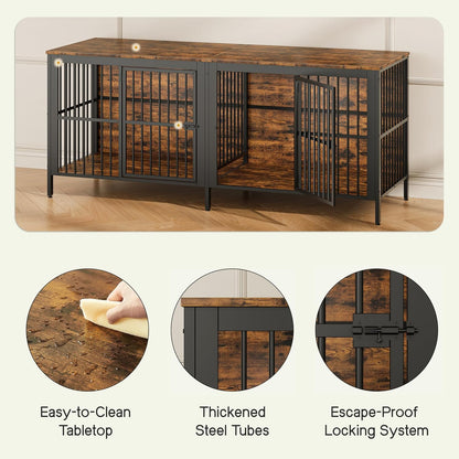 80" Heavy Duty Dog Crate Furniture with Rustic Wood Top - 3-In-1 Large Indoor Dog Kennel End Table & TV Stand, Double Door Pet House for Medium/Large Dogs (Up to 150Lbs), Easy Assembly