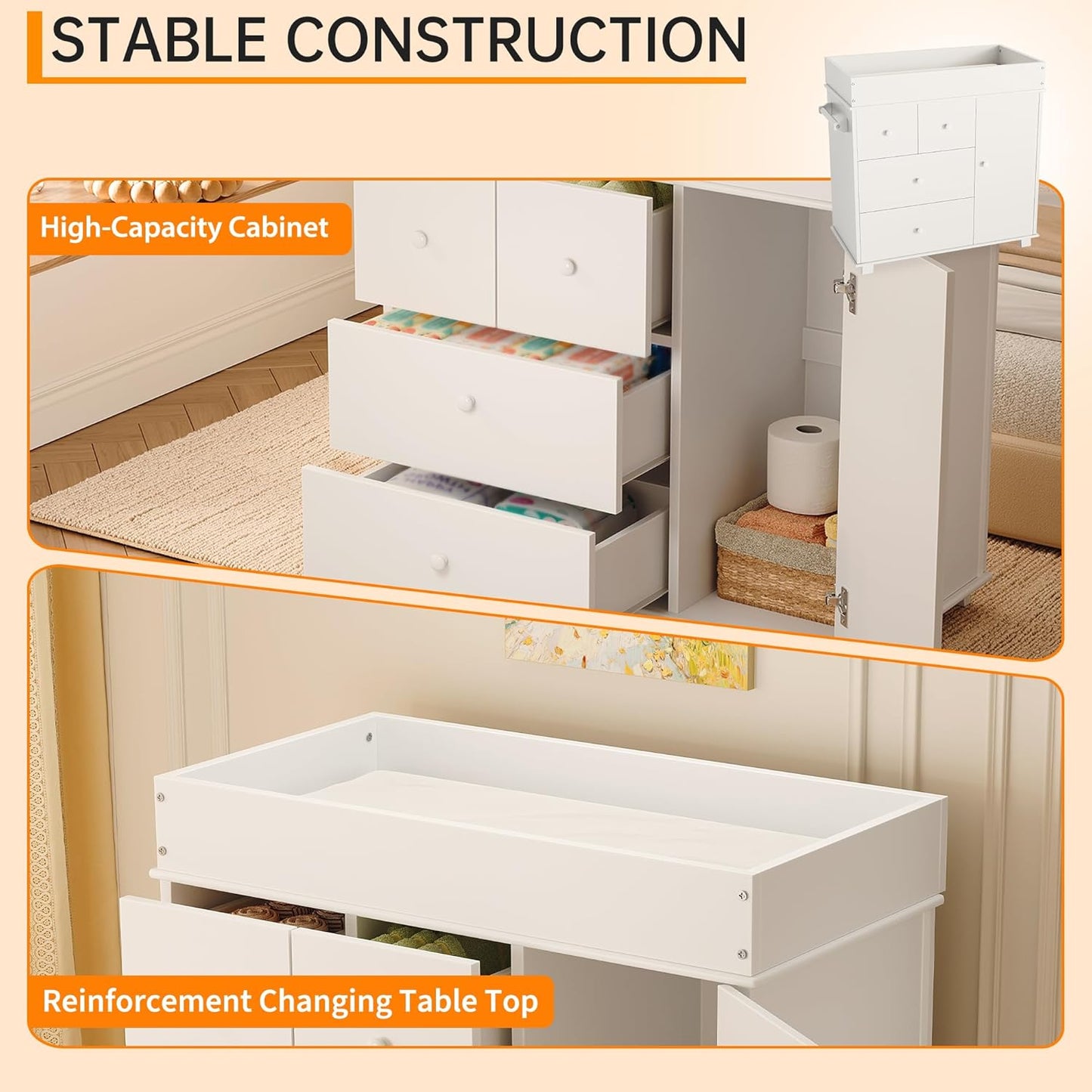 Baby Changing Table Dresser with 5 Drawers, Modern Nursery Dresser with an Open Storage Space, Diaper Changing Station for Bedroom, Kids Room, Baby Room, White