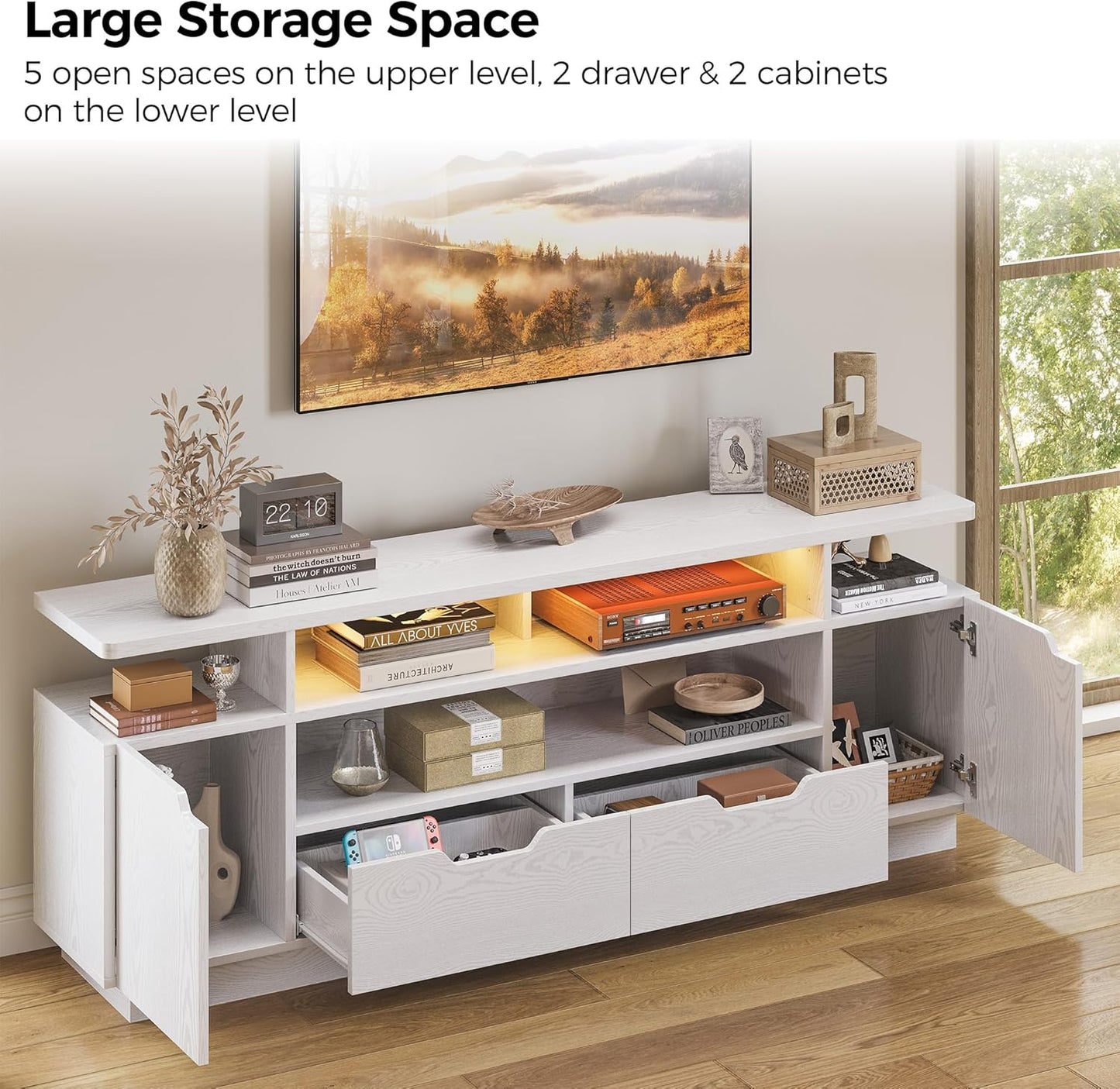 TV Stand for Tvs 85 Inch with Power Outlet and LED Lights, Entertainment Center with Storage Cabinets, Media TV Console with Drawers, Modern TV Stand for Living Room, White